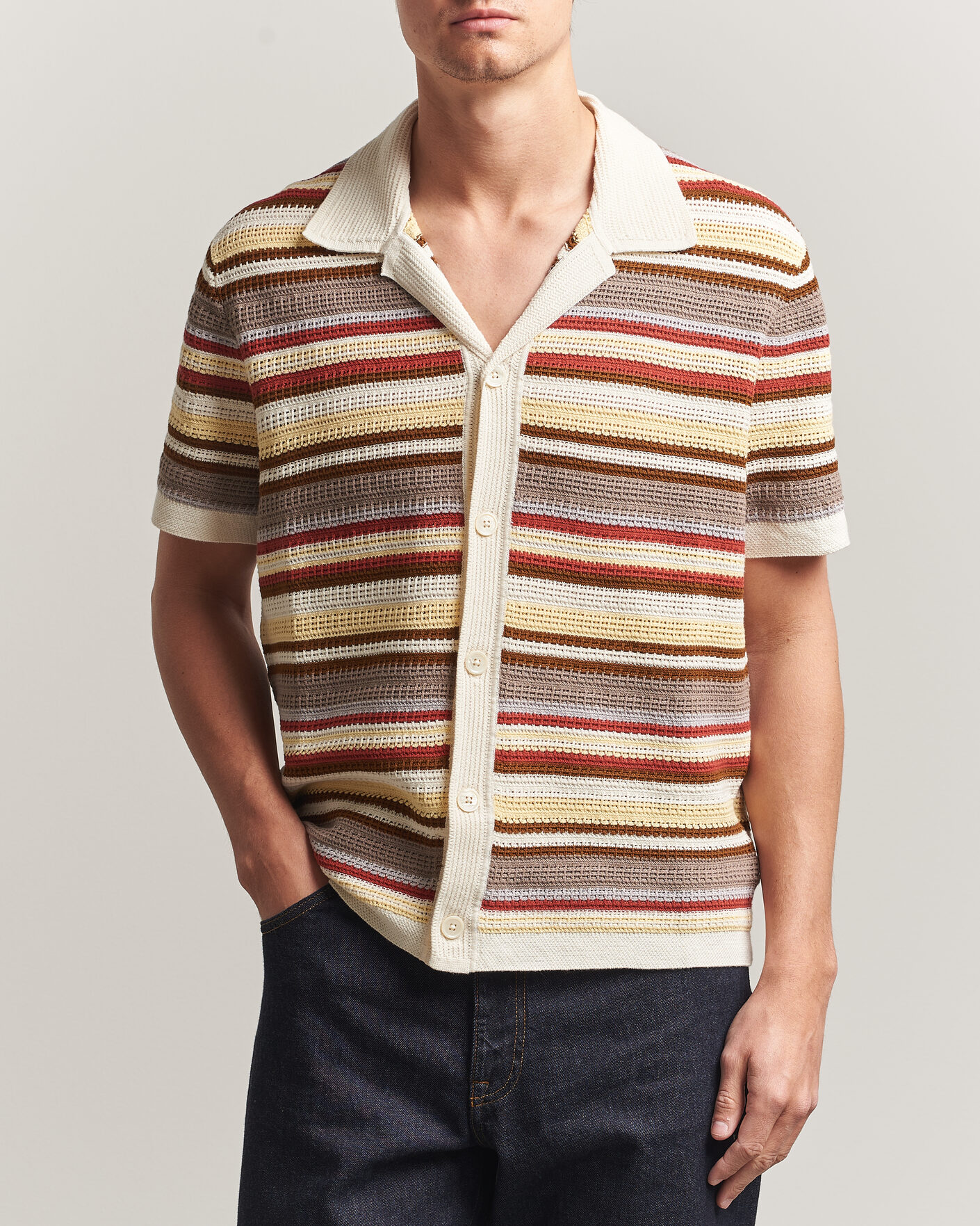 NN07 Lars Striped Knitted Short Sleeve Shirt Ivory Multi at