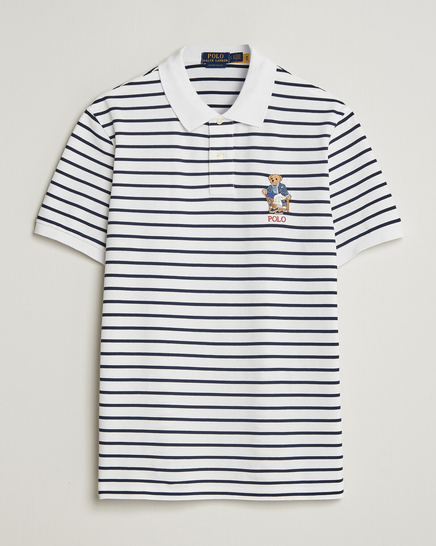 Men | Polo Shirts | Polo Ralph Lauren | Newport Bear Striped Custom Slim Polo White/Navy