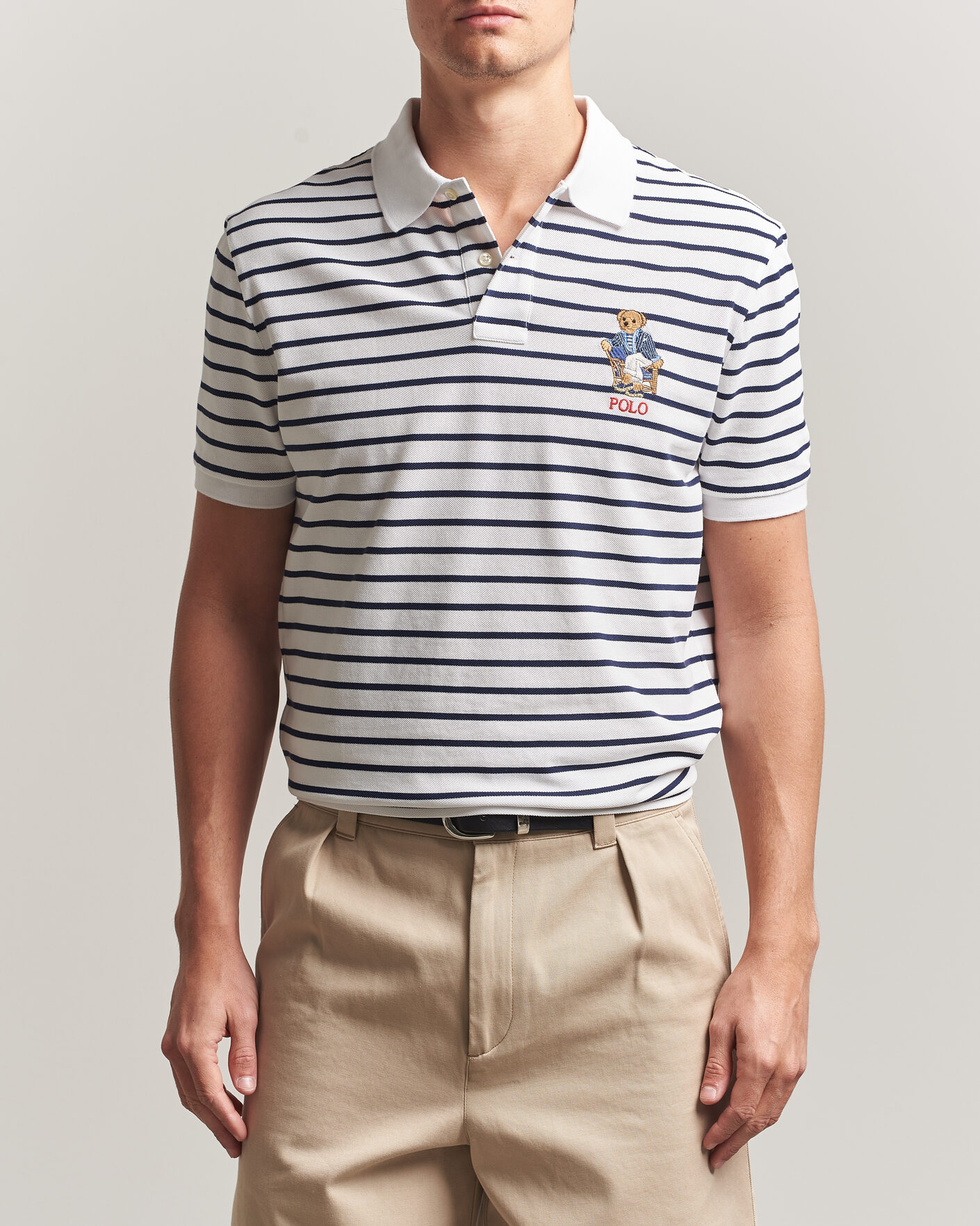 Men | Polo Shirts | Polo Ralph Lauren | Newport Bear Striped Custom Slim Polo White/Navy