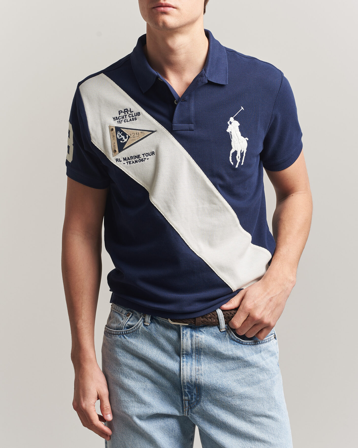 Men | Polo Shirts | Polo Ralph Lauren | Custom Slim Diagonal Stipe Polo Newport Navy/Nevis