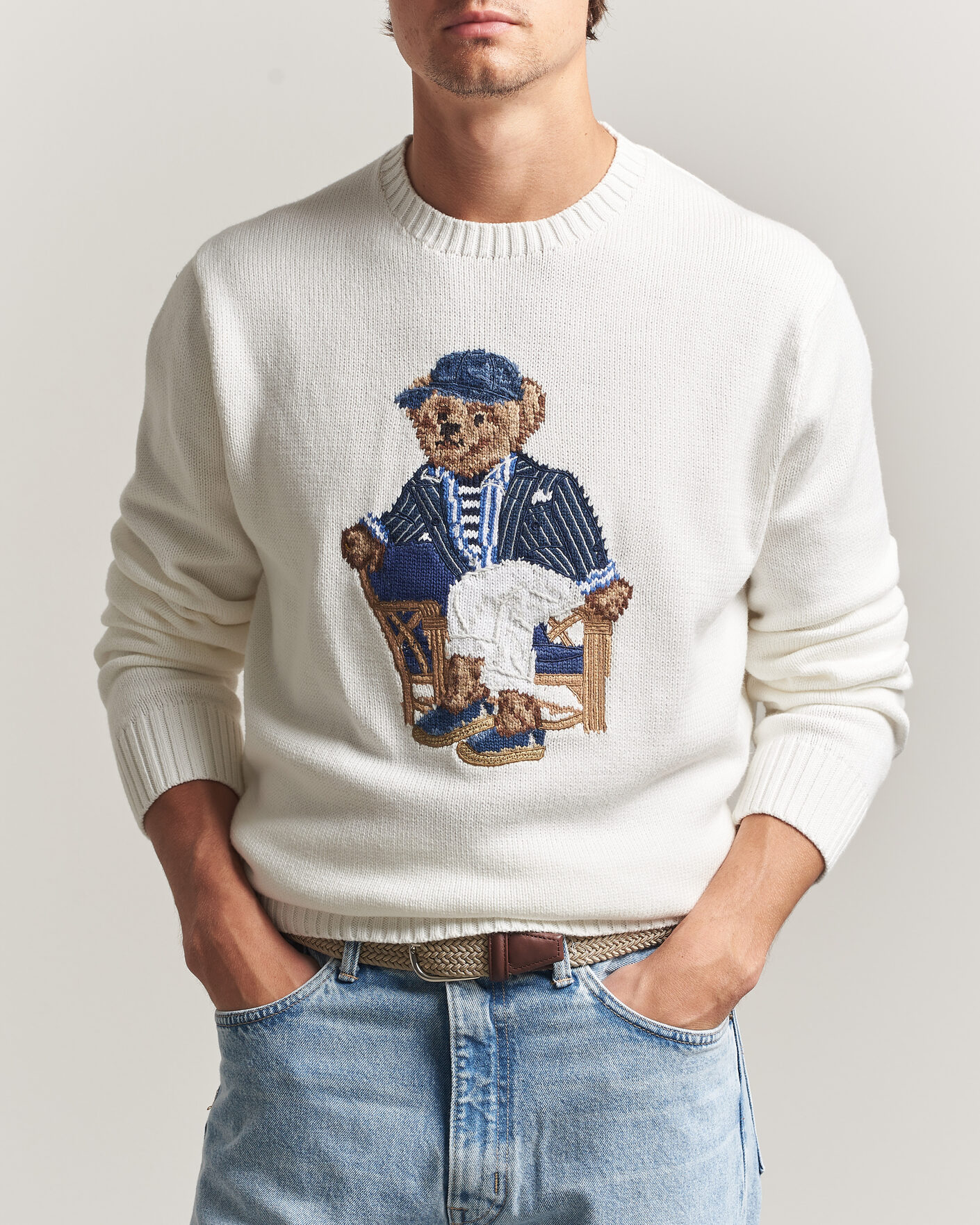 Men | Sweaters & Knitwear | Polo Ralph Lauren | Newport Bear Cotton/Linen Sweater Deckwash White