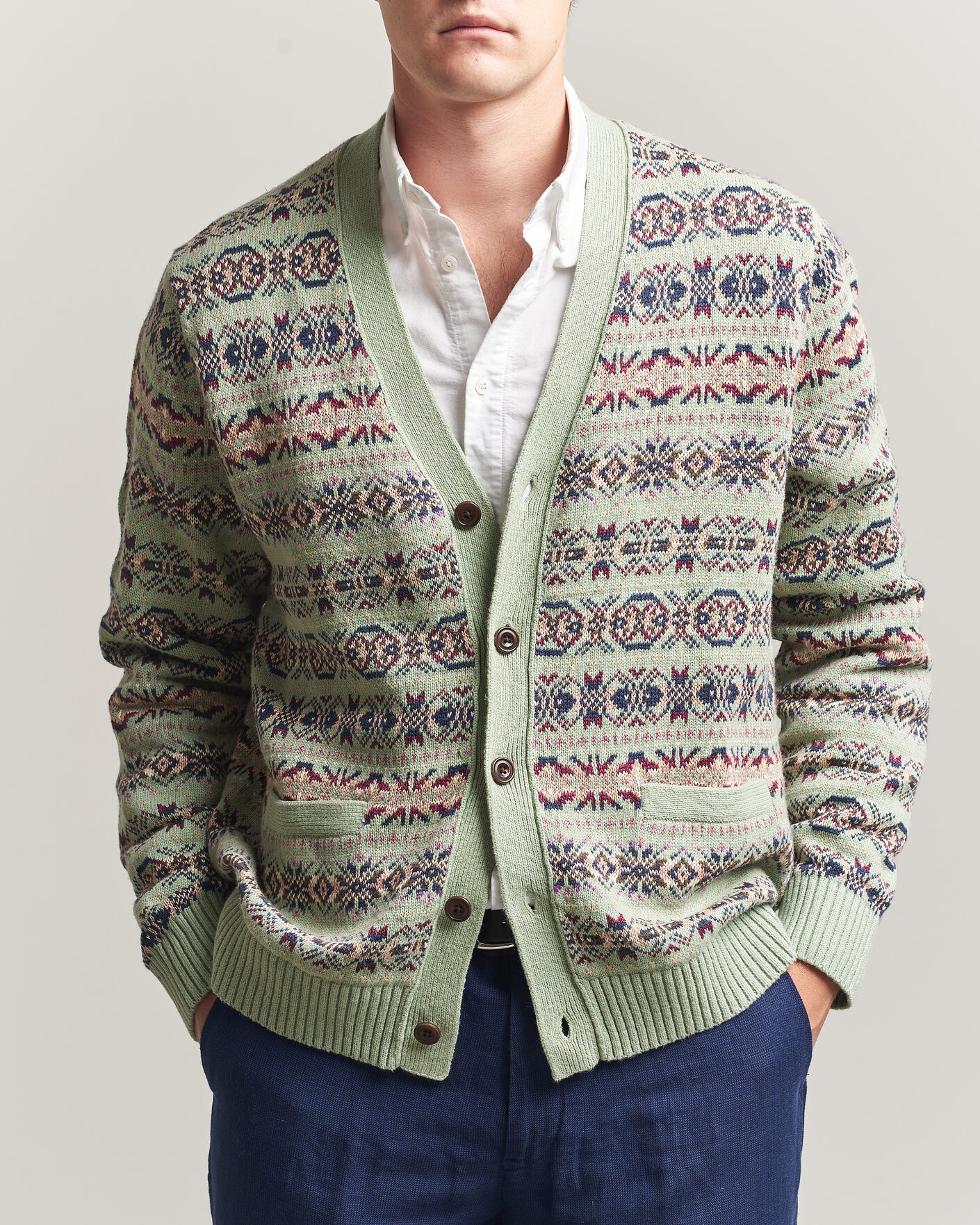 Men | Sweaters & Knitwear | Polo Ralph Lauren | Cotton/Linen Fairisle Cardigan Green Combo