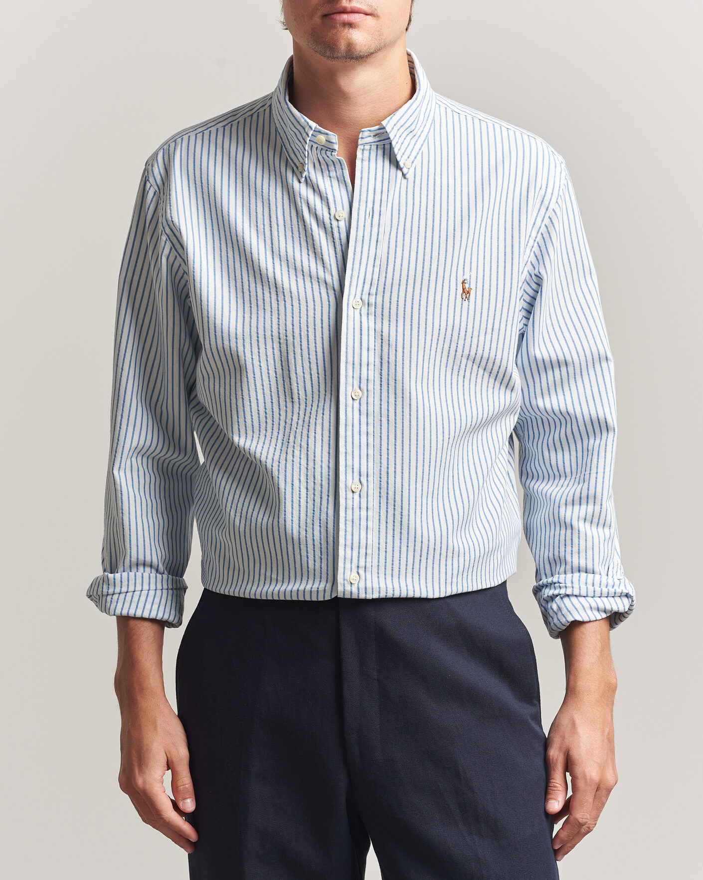 Men | Shirts | Polo Ralph Lauren | Custom Fit Seersucker/Oxford Stripe Shirt White/Blue