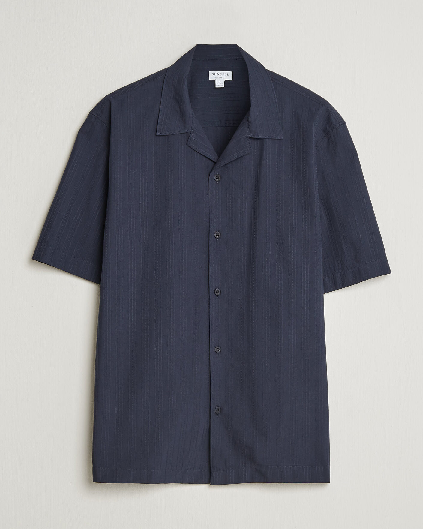 Men | Shirts | Sunspel | Short Sleeve Textured Stripe Shirt Navy