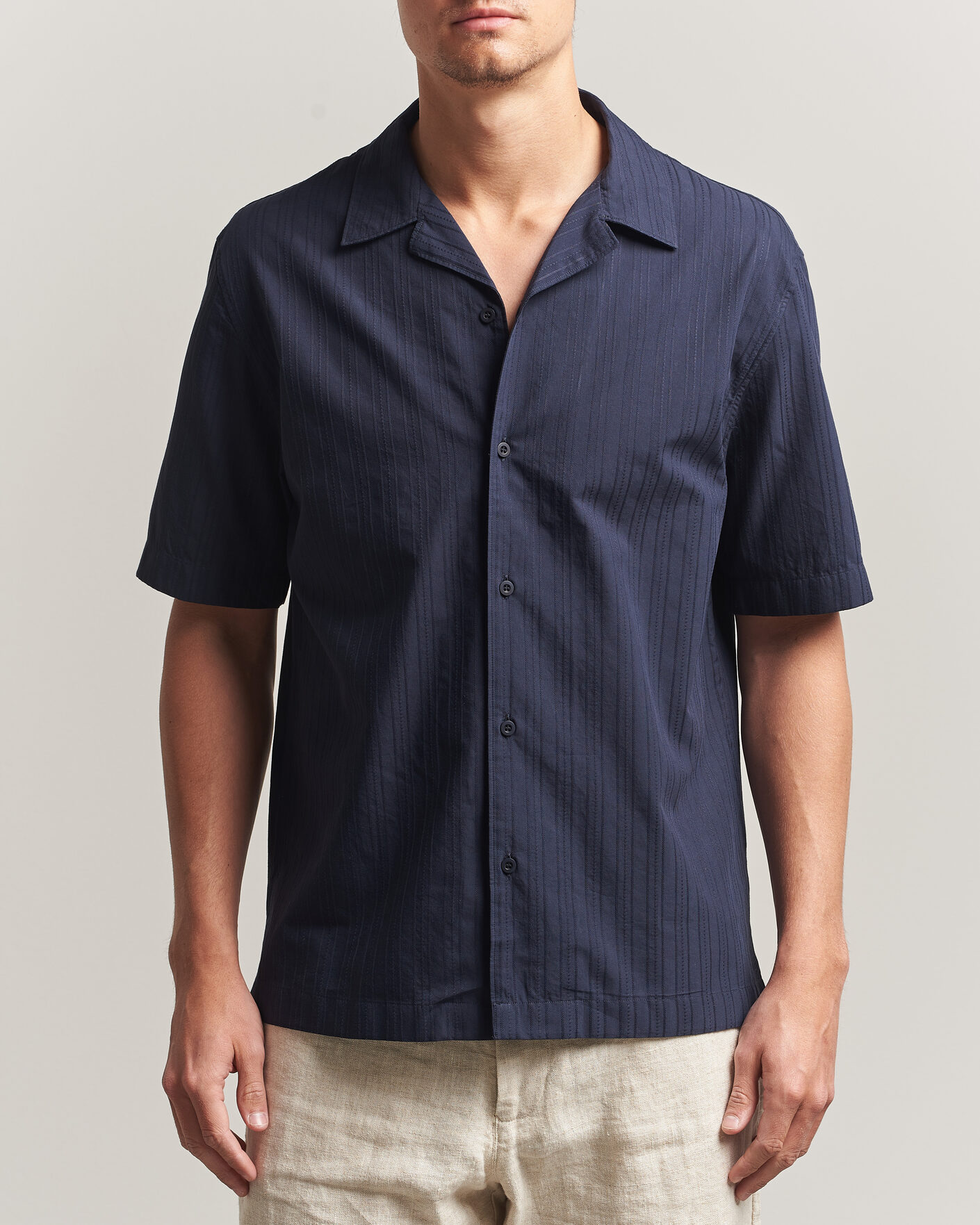 Men | Shirts | Sunspel | Short Sleeve Textured Stripe Shirt Navy