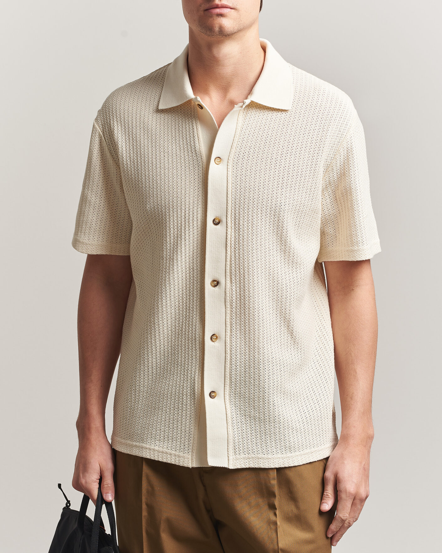 Men | Shirts | LES DEUX | Pointelle Short Sleeve Knitted Shirt Eggnog White