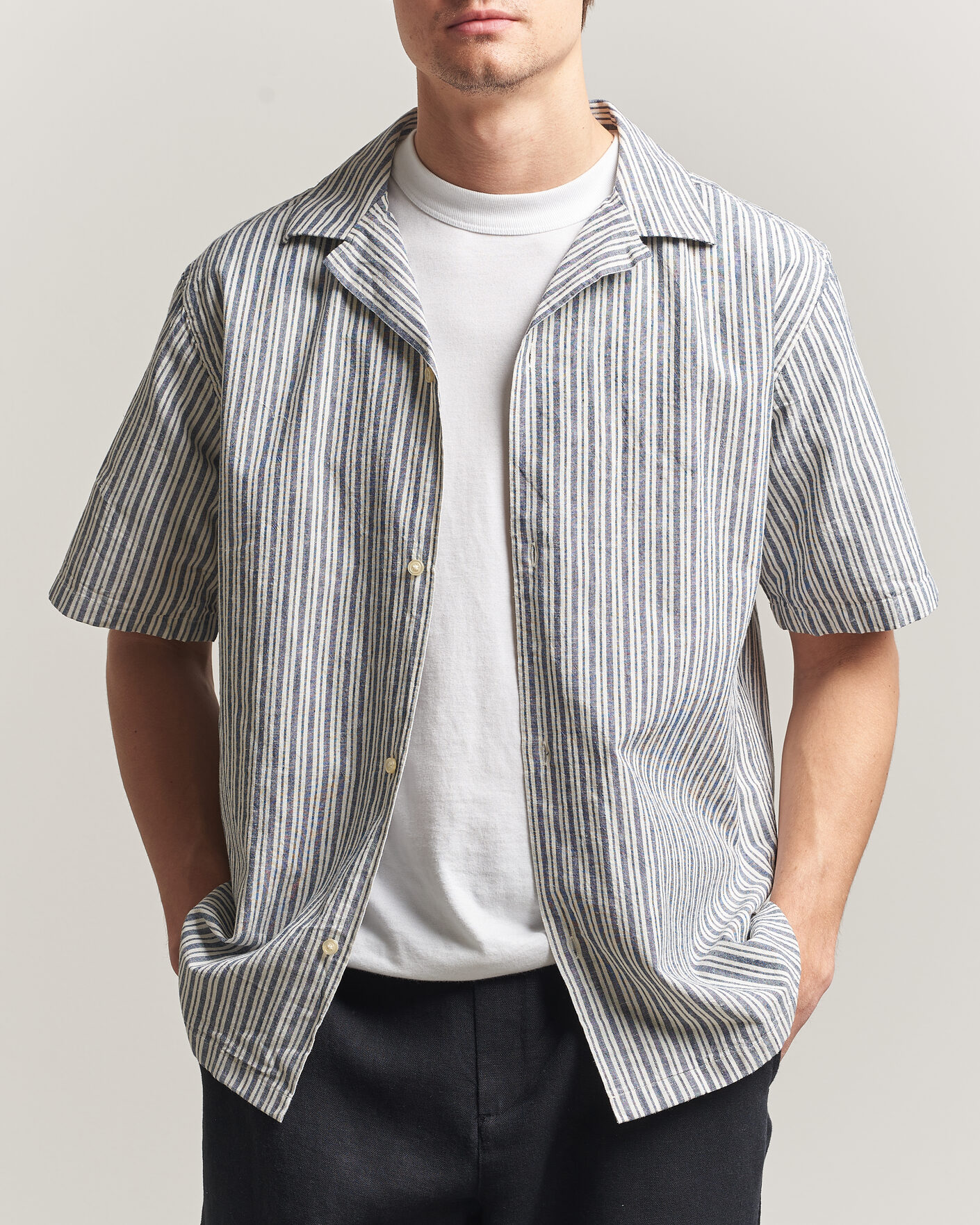 Men | Shirts | LES DEUX | Stripe Cotton/Linen Short Sleeve Shirt Dark Blue