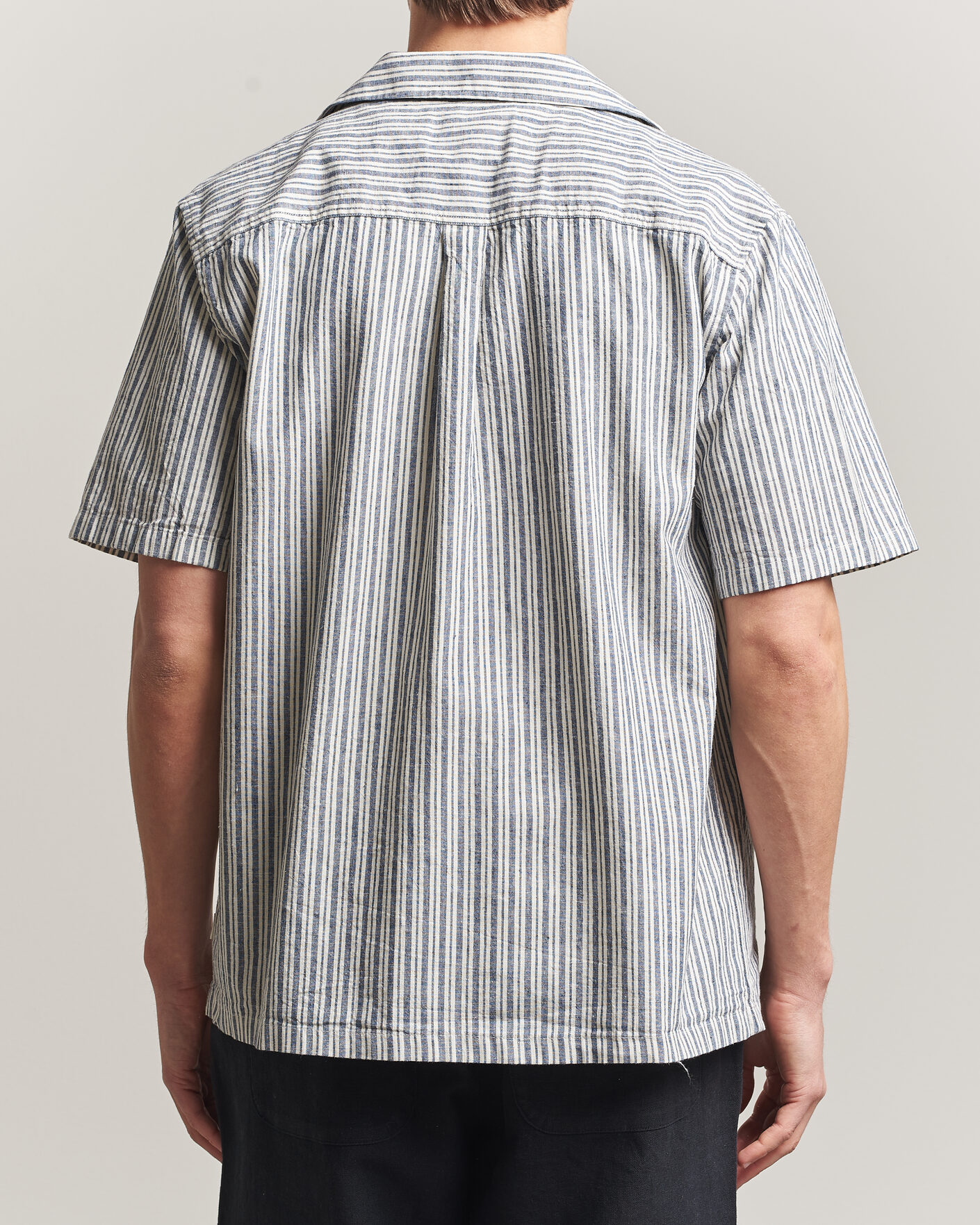 Men | Shirts | LES DEUX | Stripe Cotton/Linen Short Sleeve Shirt Dark Blue