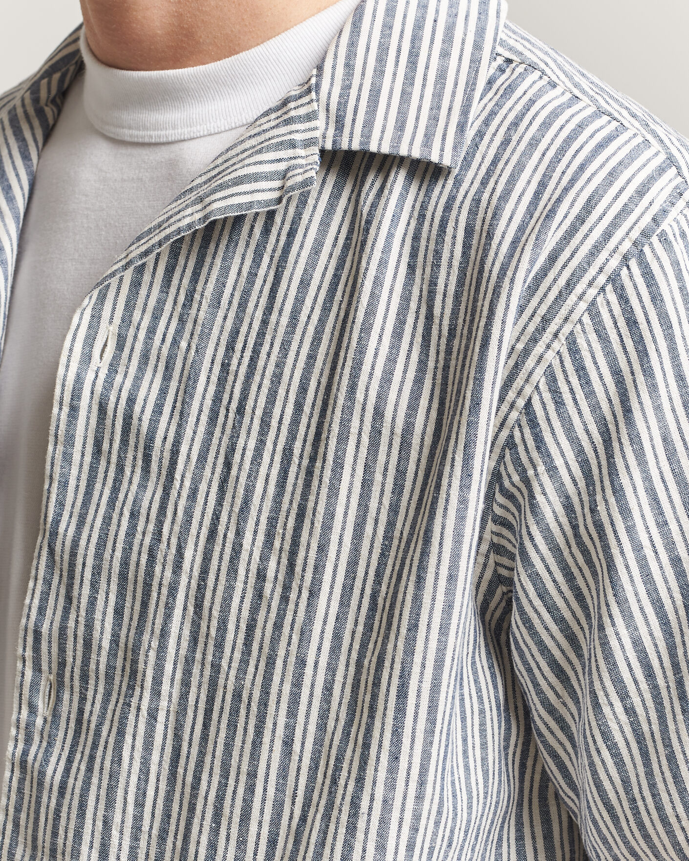 Men | Shirts | LES DEUX | Stripe Cotton/Linen Short Sleeve Shirt Dark Blue