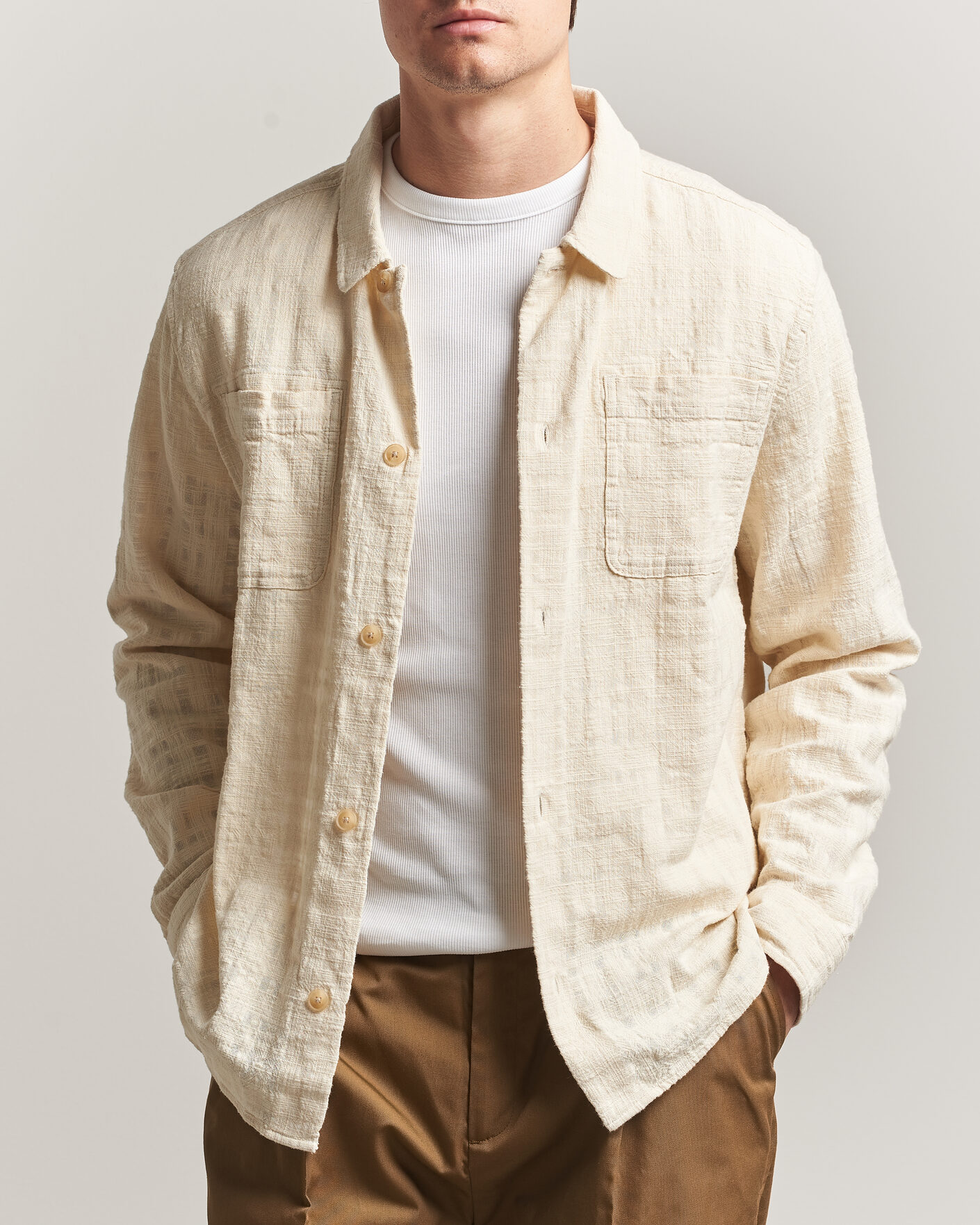 Men | Shirts | LES DEUX | Textured Slub Overshirt Ivory