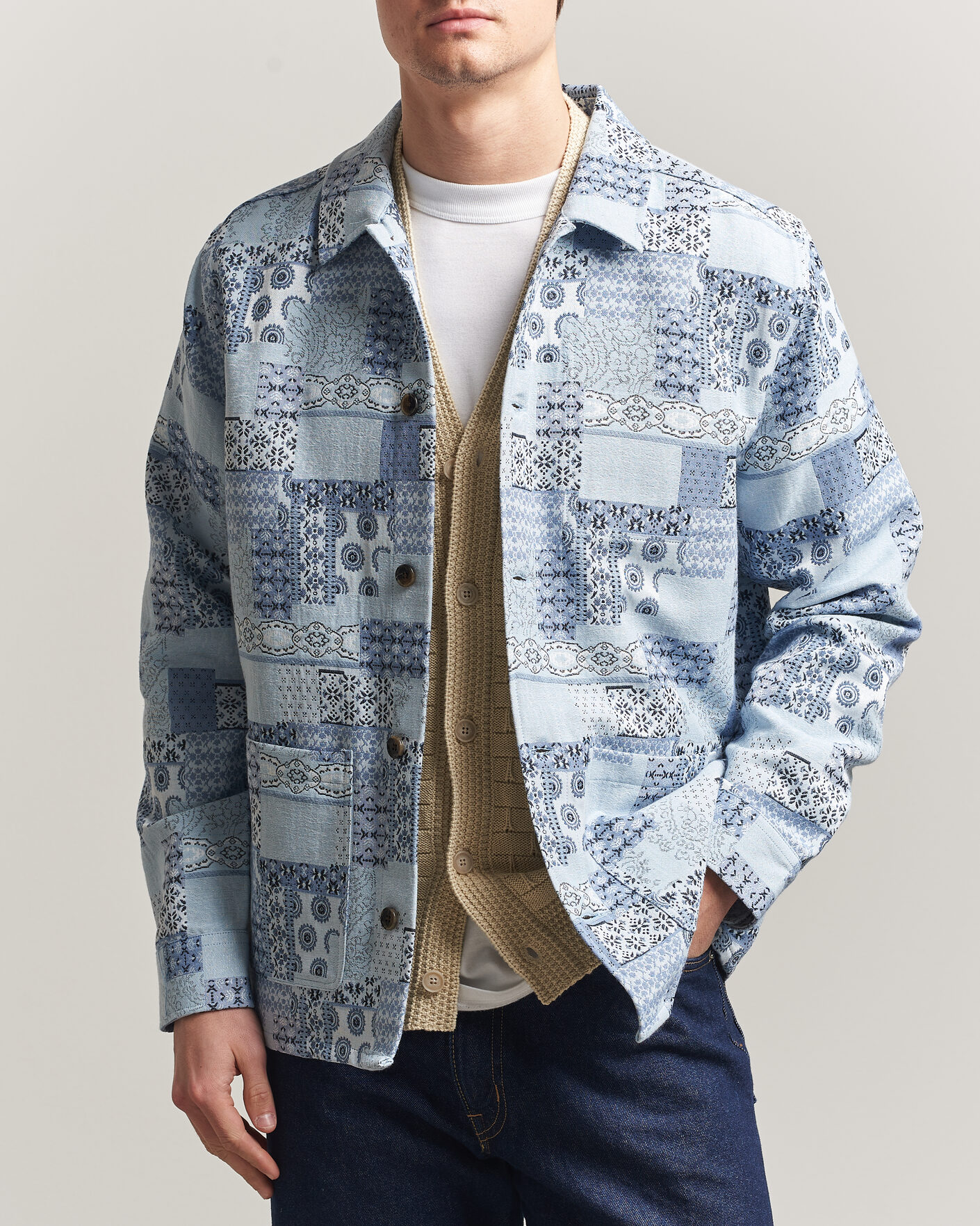 Men | Shirts | LES DEUX | Patchwork Jacquard Overshirt Skyway Blue
