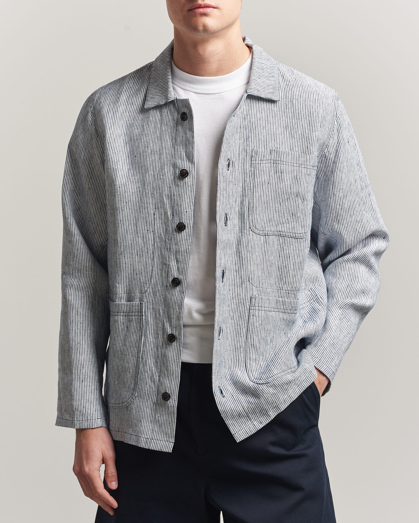 Men | Shirts | Peregrine | Windsor Linen Shacket Navy Stripe