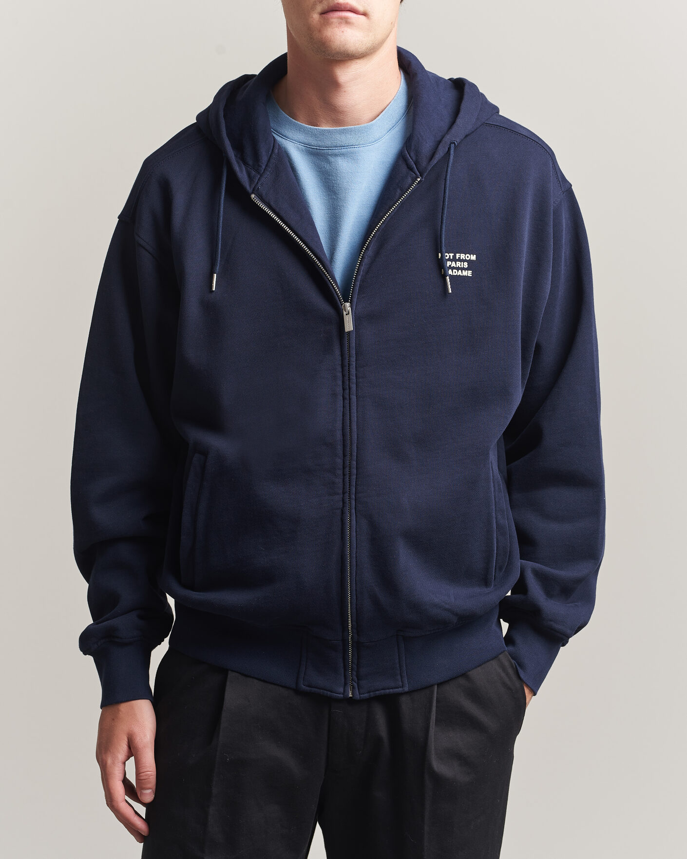 Men | Sweaters & Knitwear | Drôle de Monsieur | Slogan Full Zip Hoodie Navy