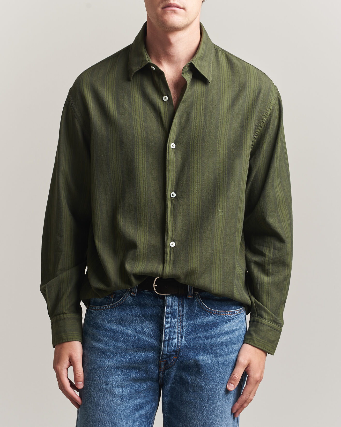 Men | Shirts | Massimo Alba | Boxy Striped Cotton Shirt Moss Green