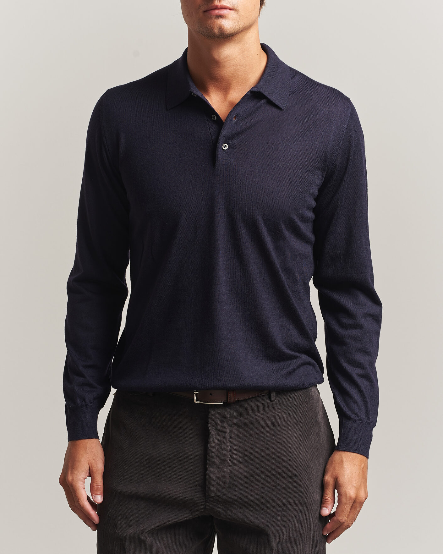 Men | Sweaters & Knitwear | Fedeli | 140s Fine Wool Long Sleeve Polo Navy