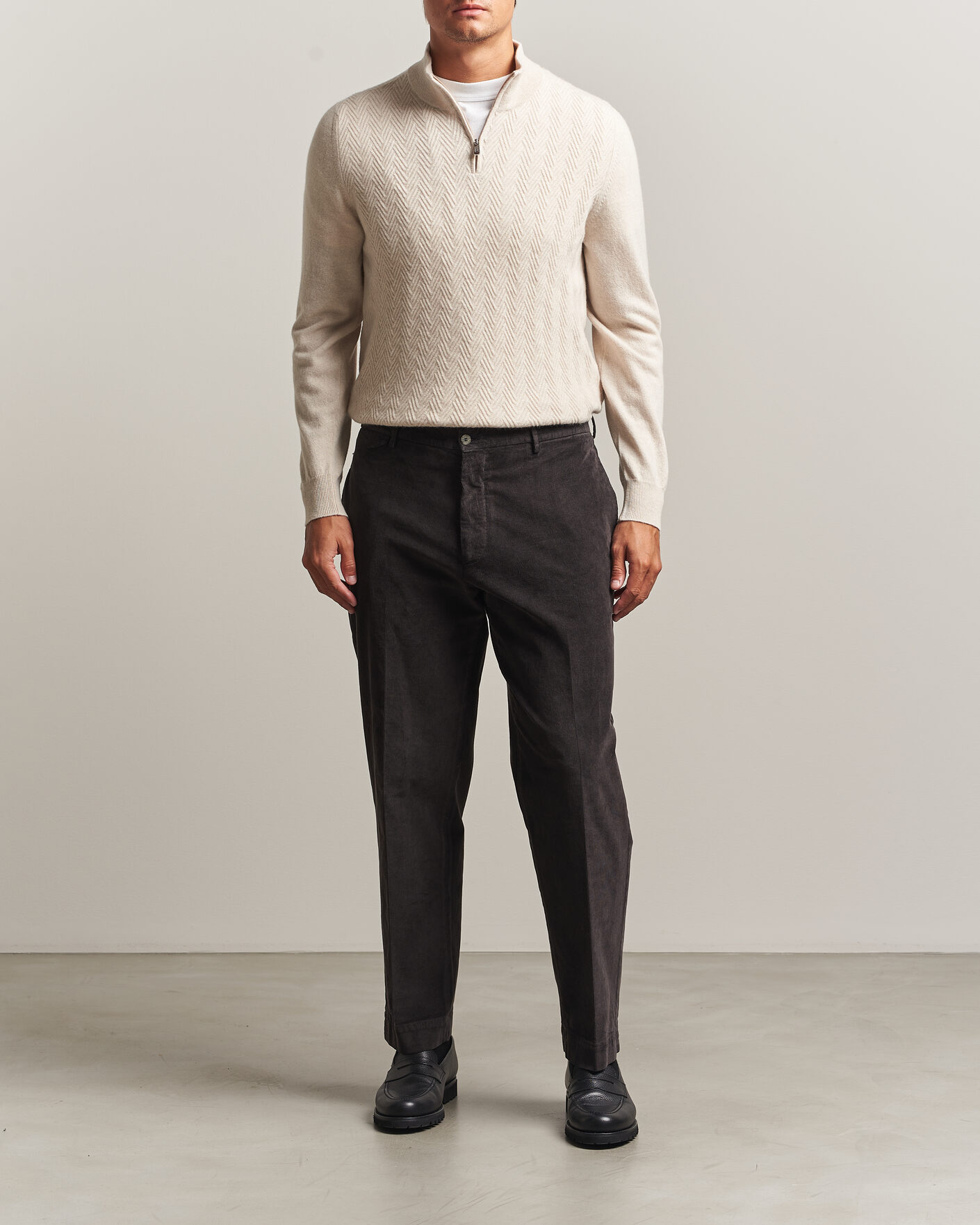 Men | Sweaters & Knitwear | Fedeli | Wool/Cashmere Chevron Half Zip Light Beige