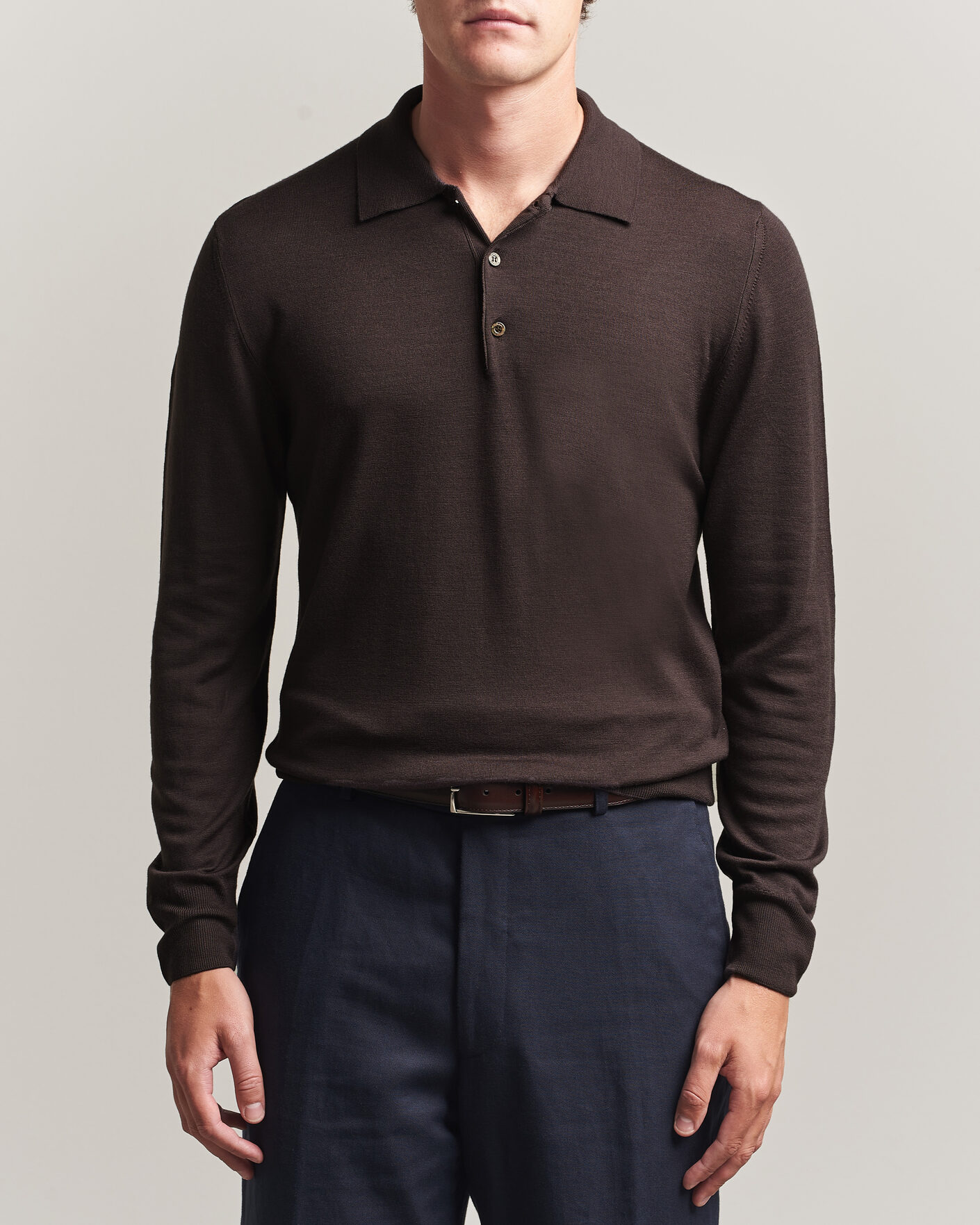 Men | Sweaters & Knitwear | Canali | Merino Wool Long Sleeve Polo Dark Brown