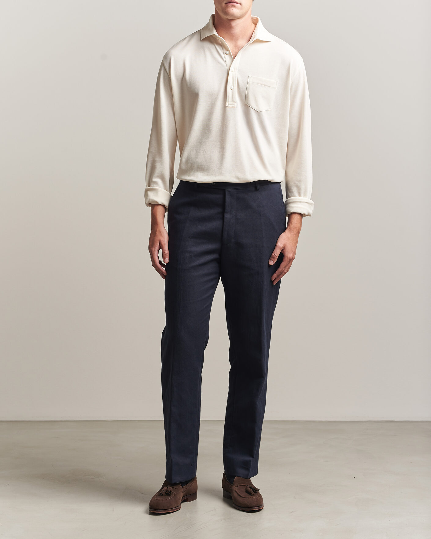 Men | Polo Shirts | Ralph Lauren Purple Label | Long Sleeve Washed Polo Classic Cream