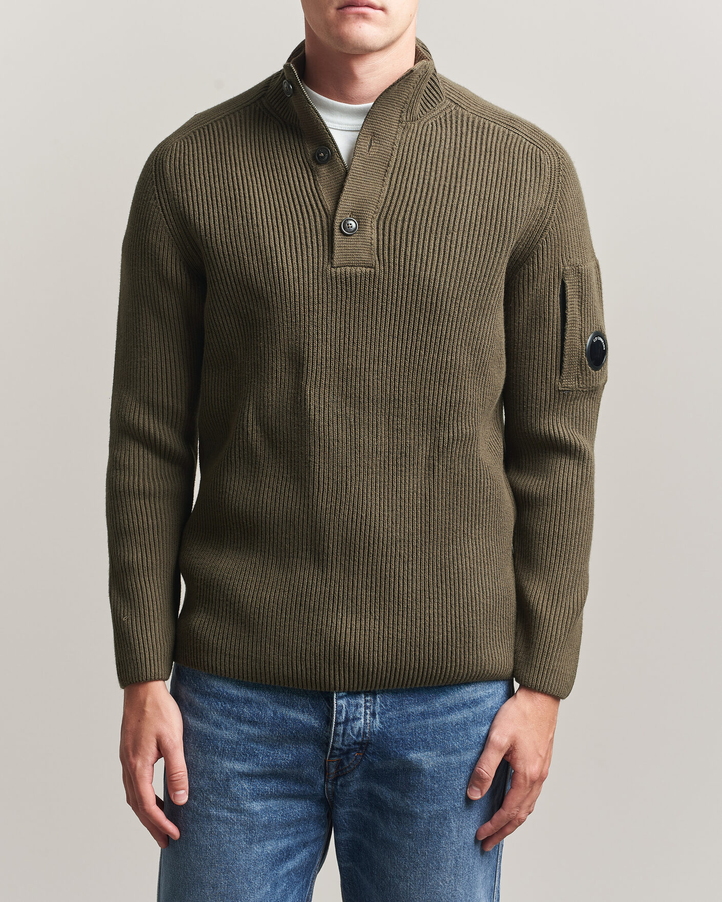 Men | Sweaters & Knitwear | C.P. Company | Full Rib Knitted Cotton Half Button Dark Green