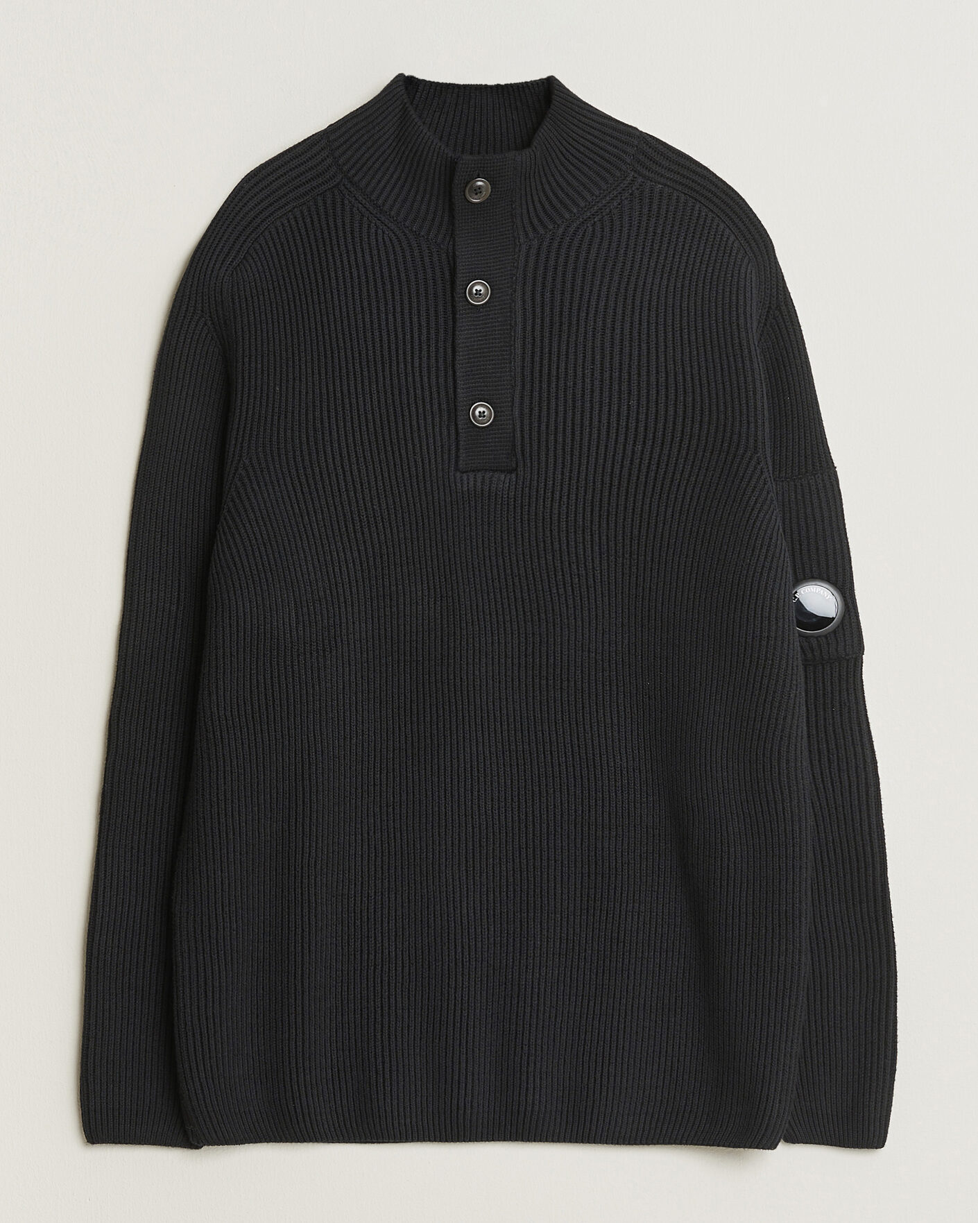 Men | Sweaters & Knitwear | C.P. Company | Full Rib Knitted Cotton Half Button Black