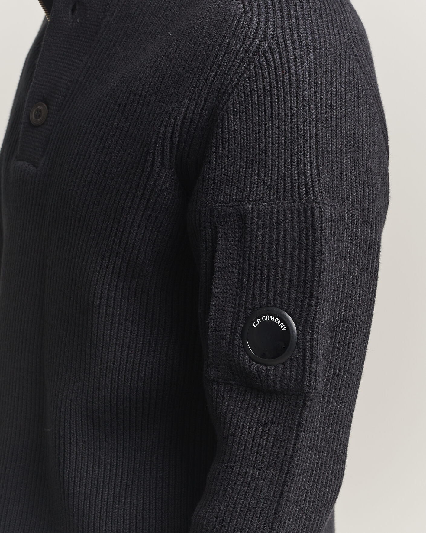 Men | Sweaters & Knitwear | C.P. Company | Full Rib Knitted Cotton Half Button Black