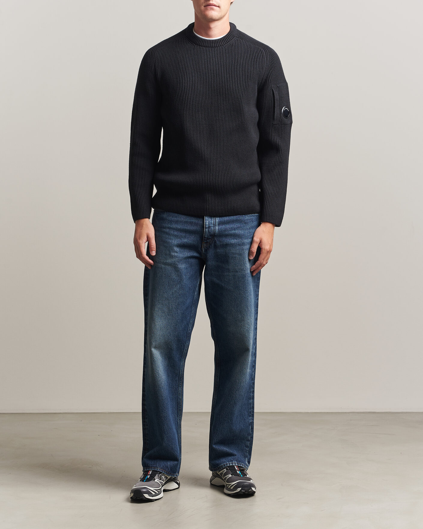 Men | Sweaters & Knitwear | C.P. Company | Full Rib Knitted Cotton Crew Neck Black