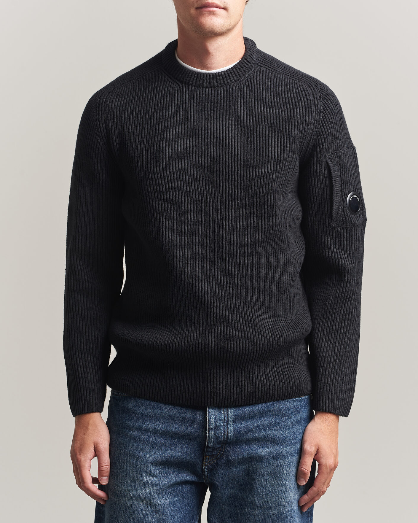 Men | Sweaters & Knitwear | C.P. Company | Full Rib Knitted Cotton Crew Neck Black