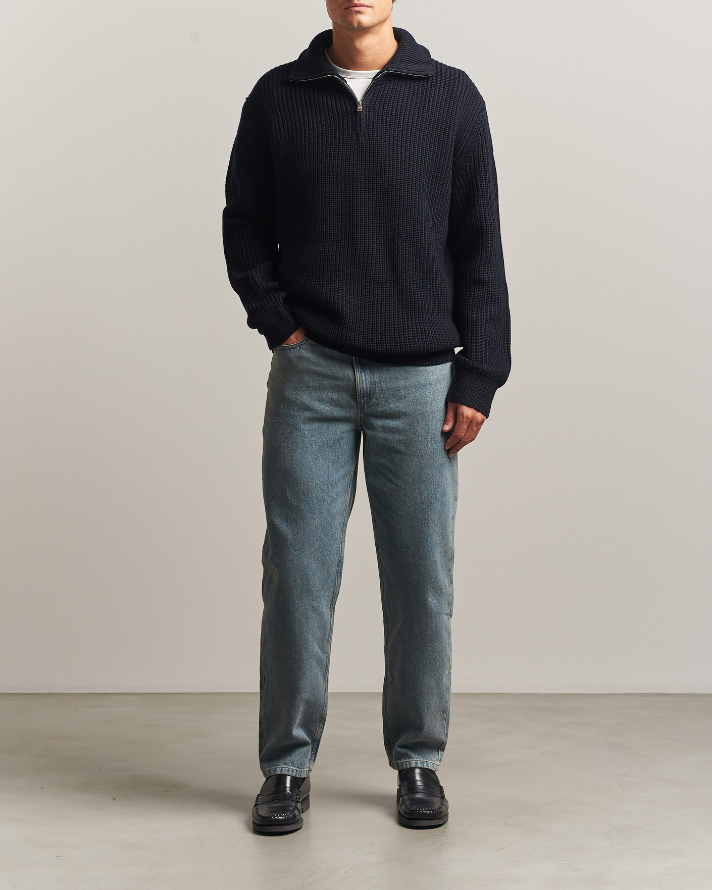 Men | Sweaters & Knitwear | A.P.C. | Daniel Wool Rib Knitted Half Zip Dark Navy