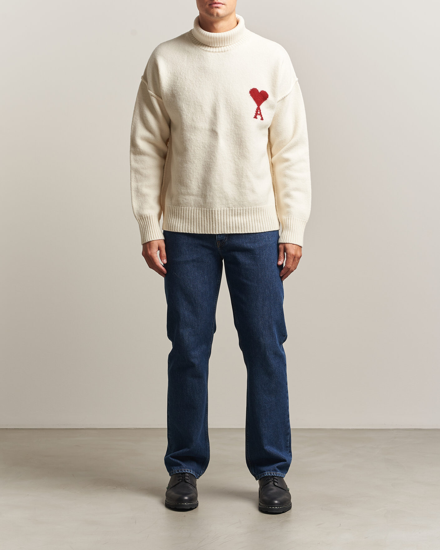 Men | Sweaters & Knitwear | AMI | Big Heart Logo Wool Knitted Polo Ecru