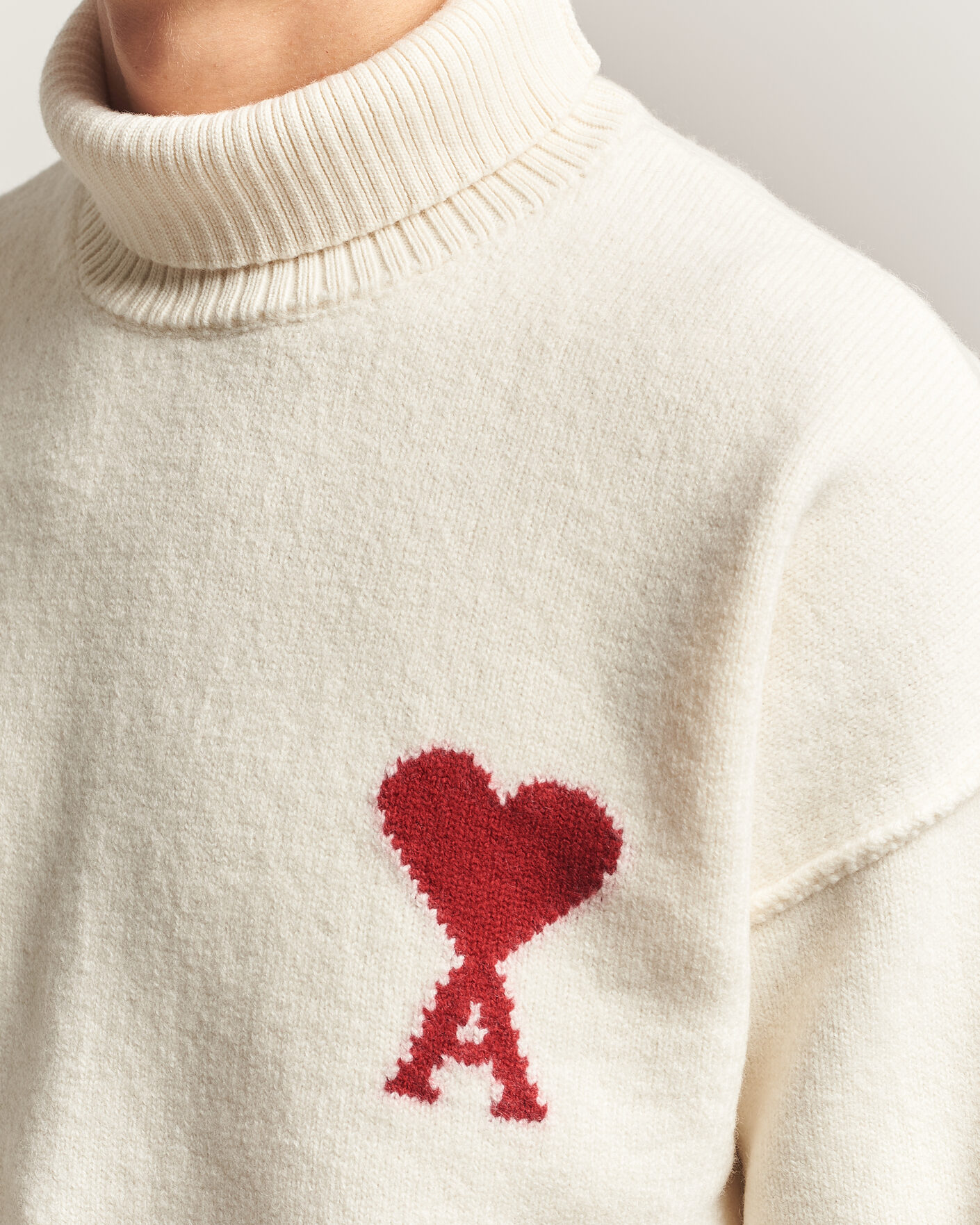 Men | Sweaters & Knitwear | AMI | Big Heart Logo Wool Knitted Polo Ecru