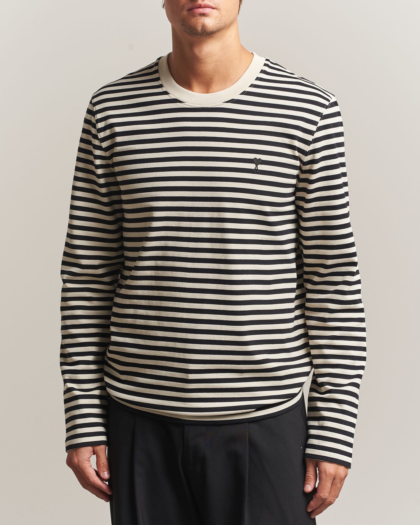 Men | T-Shirts | AMI | Black Heart Logo Striped Long Sleeve T-Shirt Black/Ivory