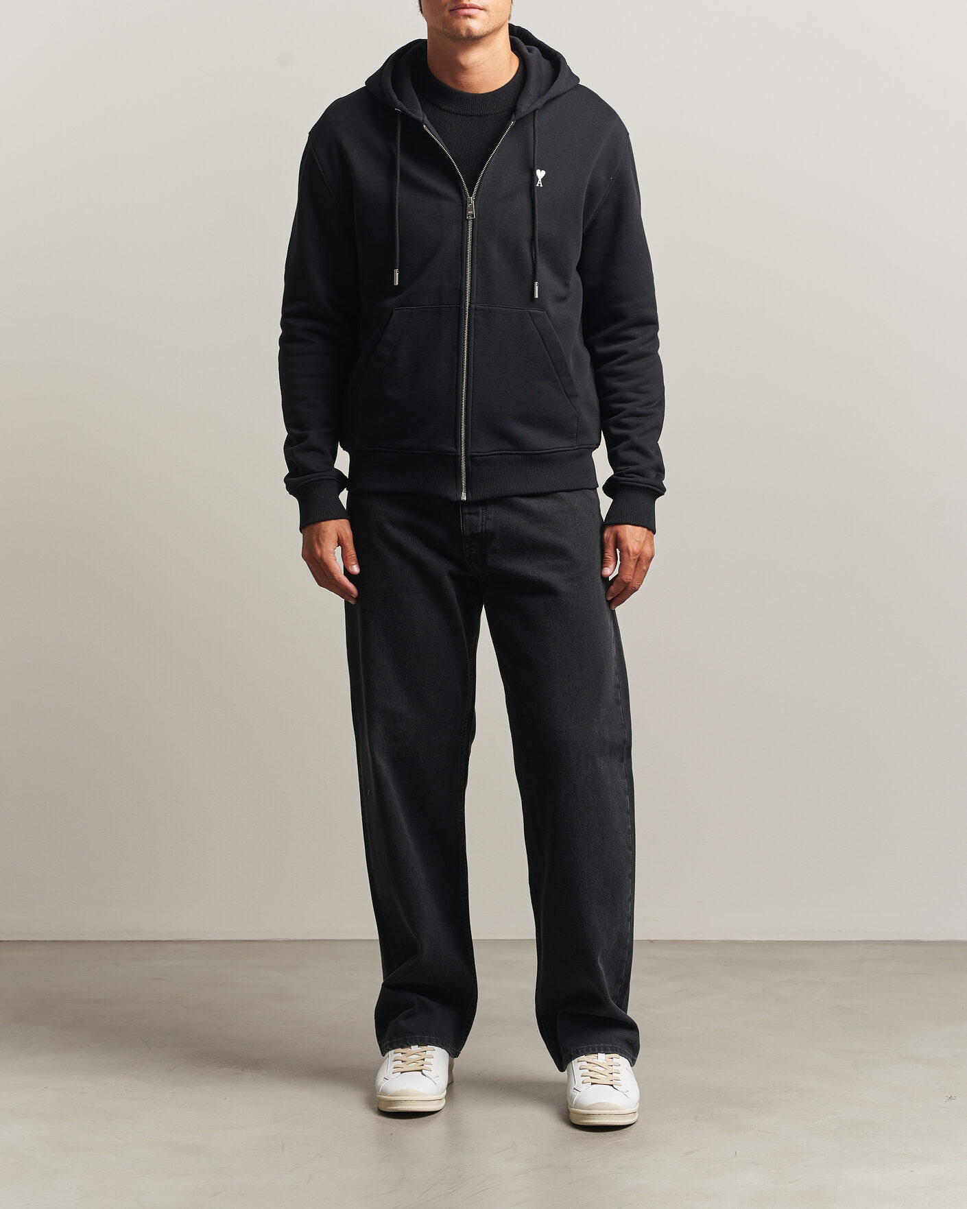 Men | Sweaters & Knitwear | AMI | Contrasted Heart Logo Full Zip Hoodie Black