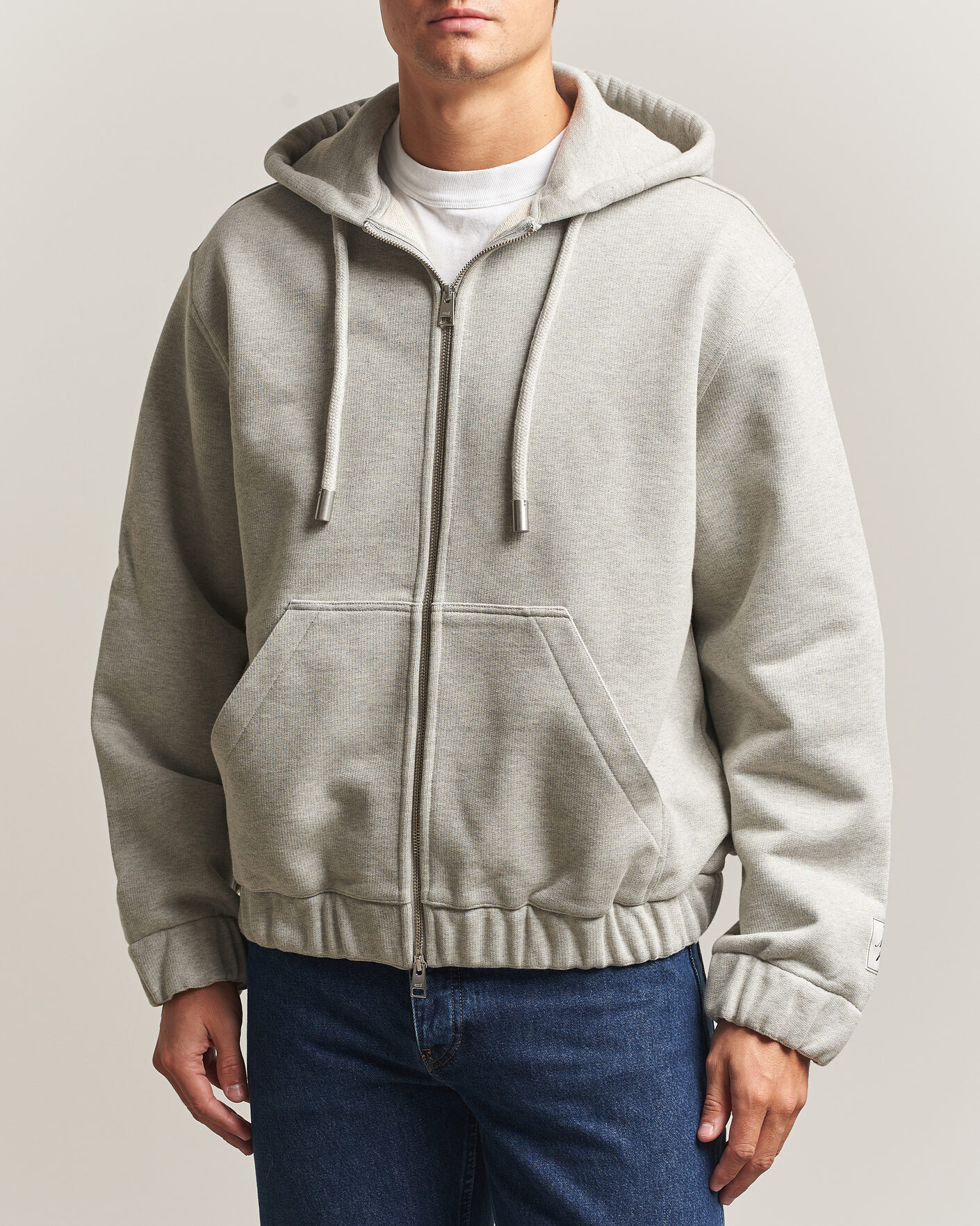 Men | Sweaters & Knitwear | AMI | Heritage Logo Full Zip Hoodie Light Grey Melange