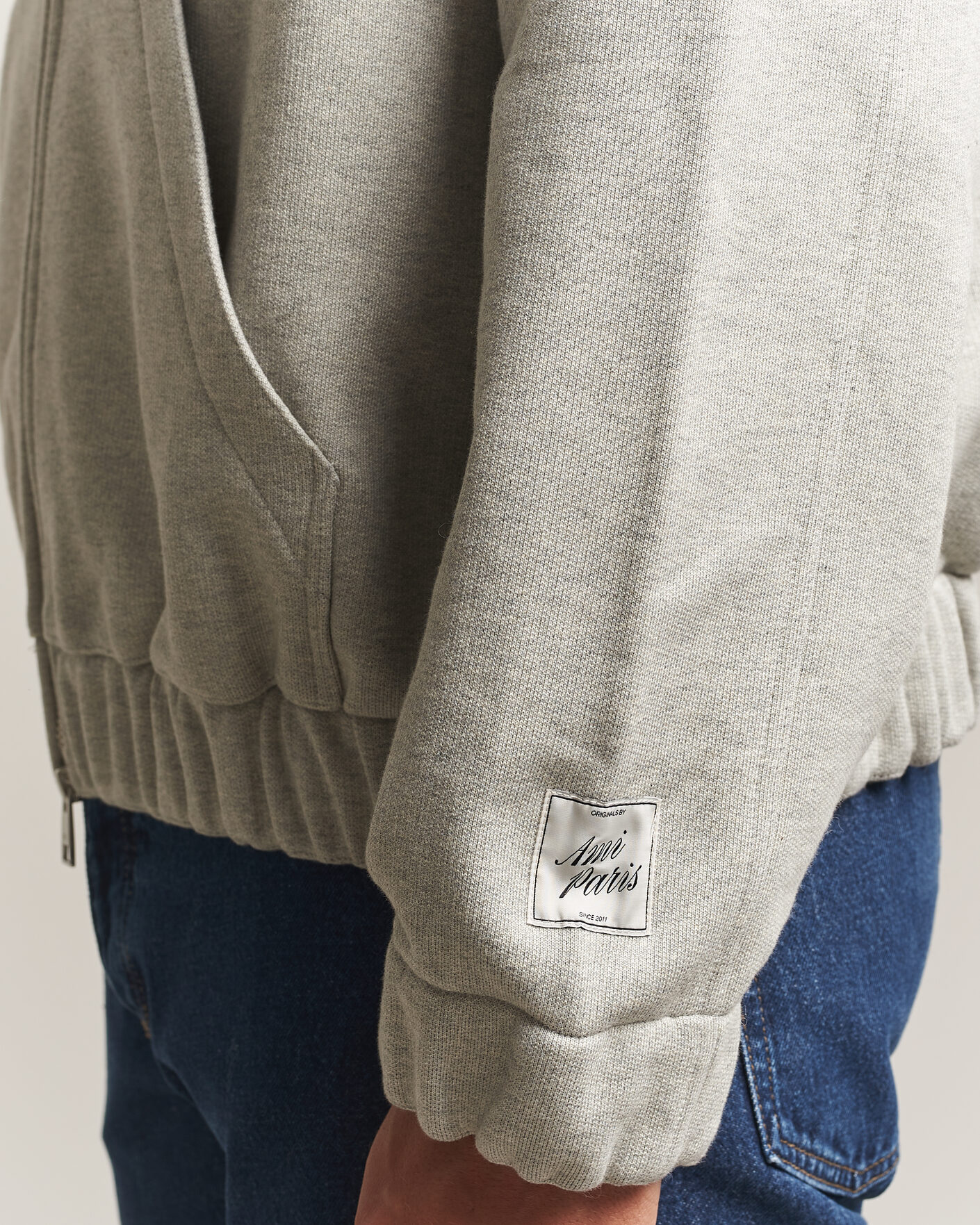 Men | Sweaters & Knitwear | AMI | Heritage Logo Full Zip Hoodie Light Grey Melange