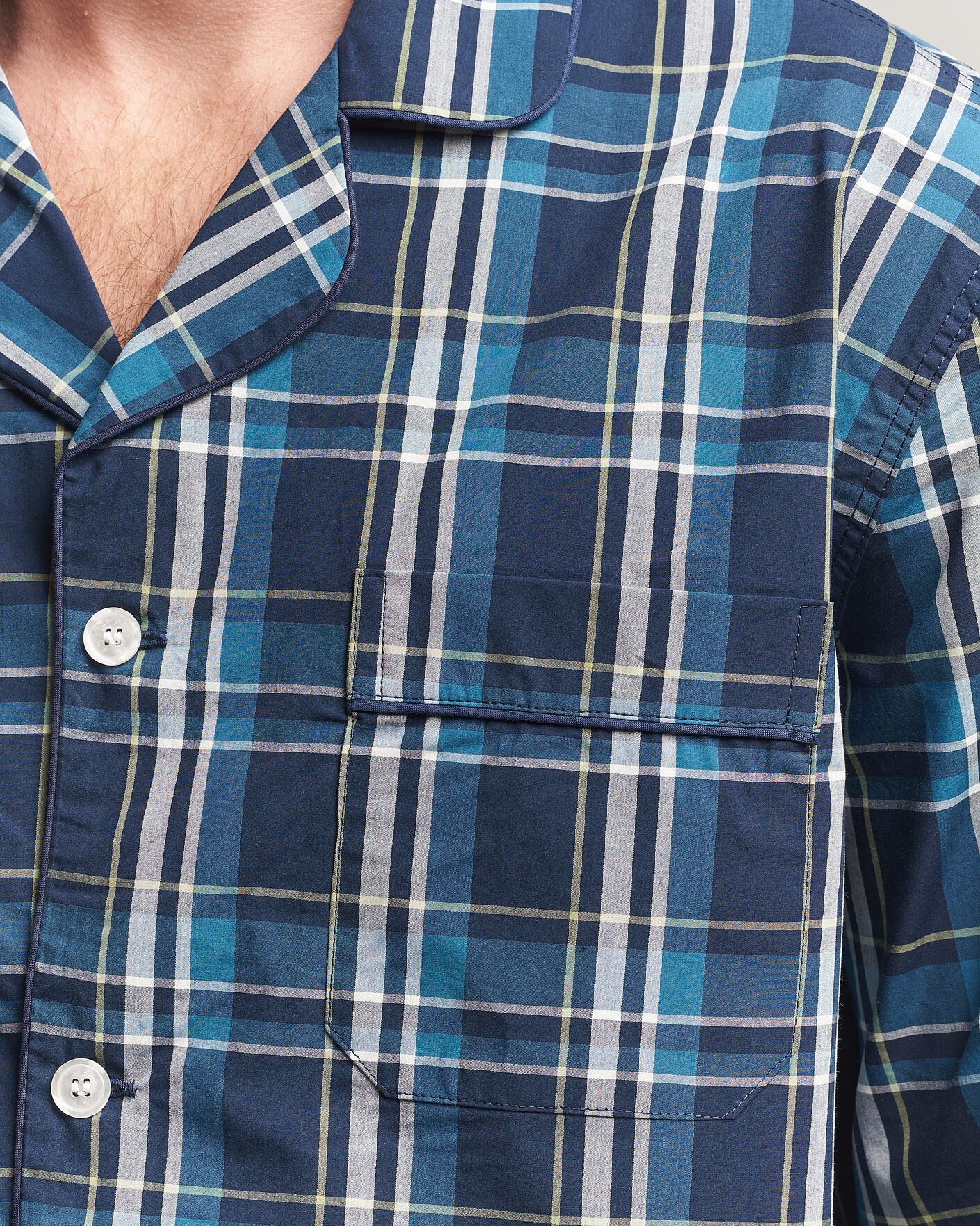 Men | Pyjamas & Robes | Derek Rose | Piped Checked Cotton Pyjama Set Navy