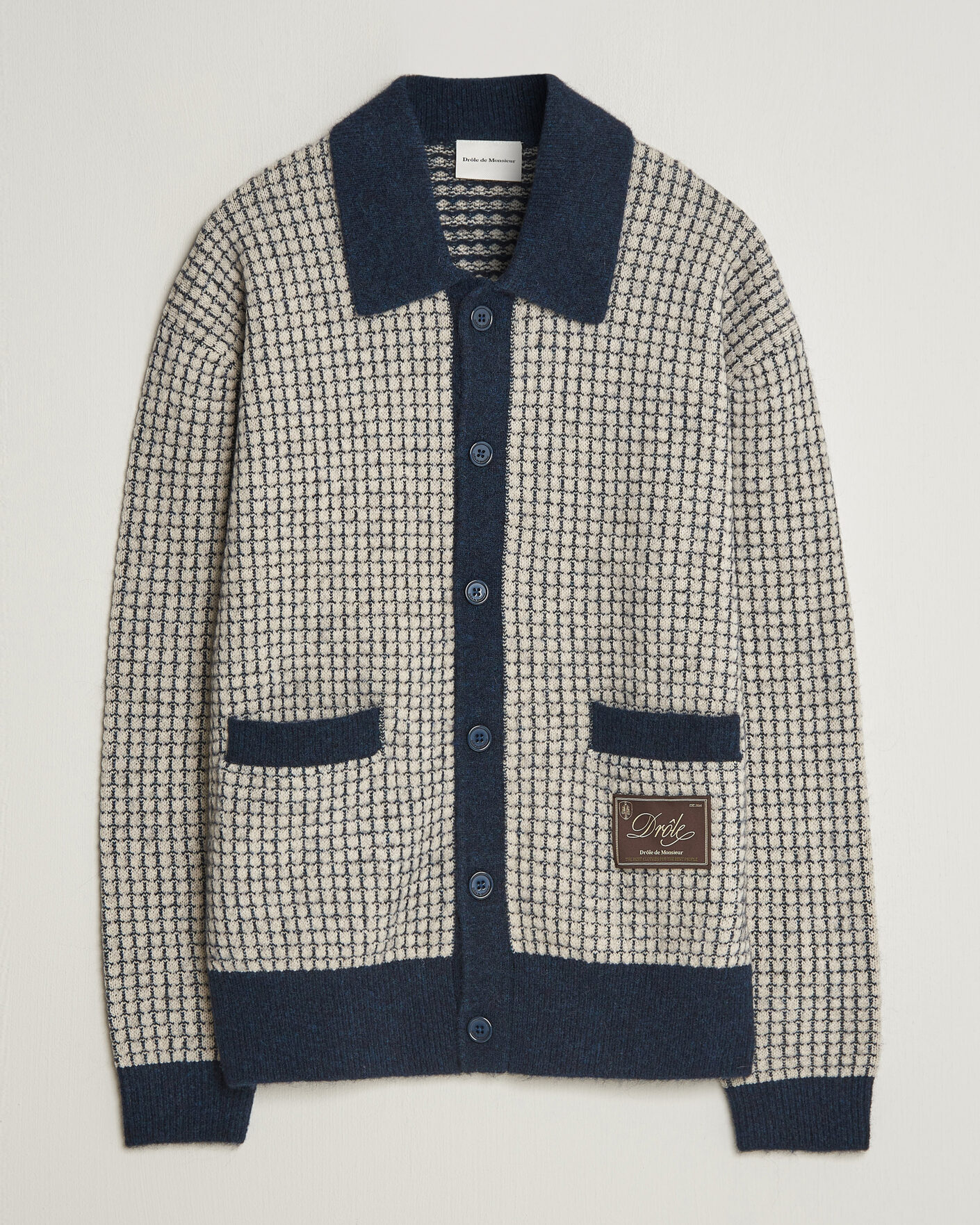 Men | Sweaters & Knitwear | Drôle de Monsieur | Waffle Knitted Cardigan Navy