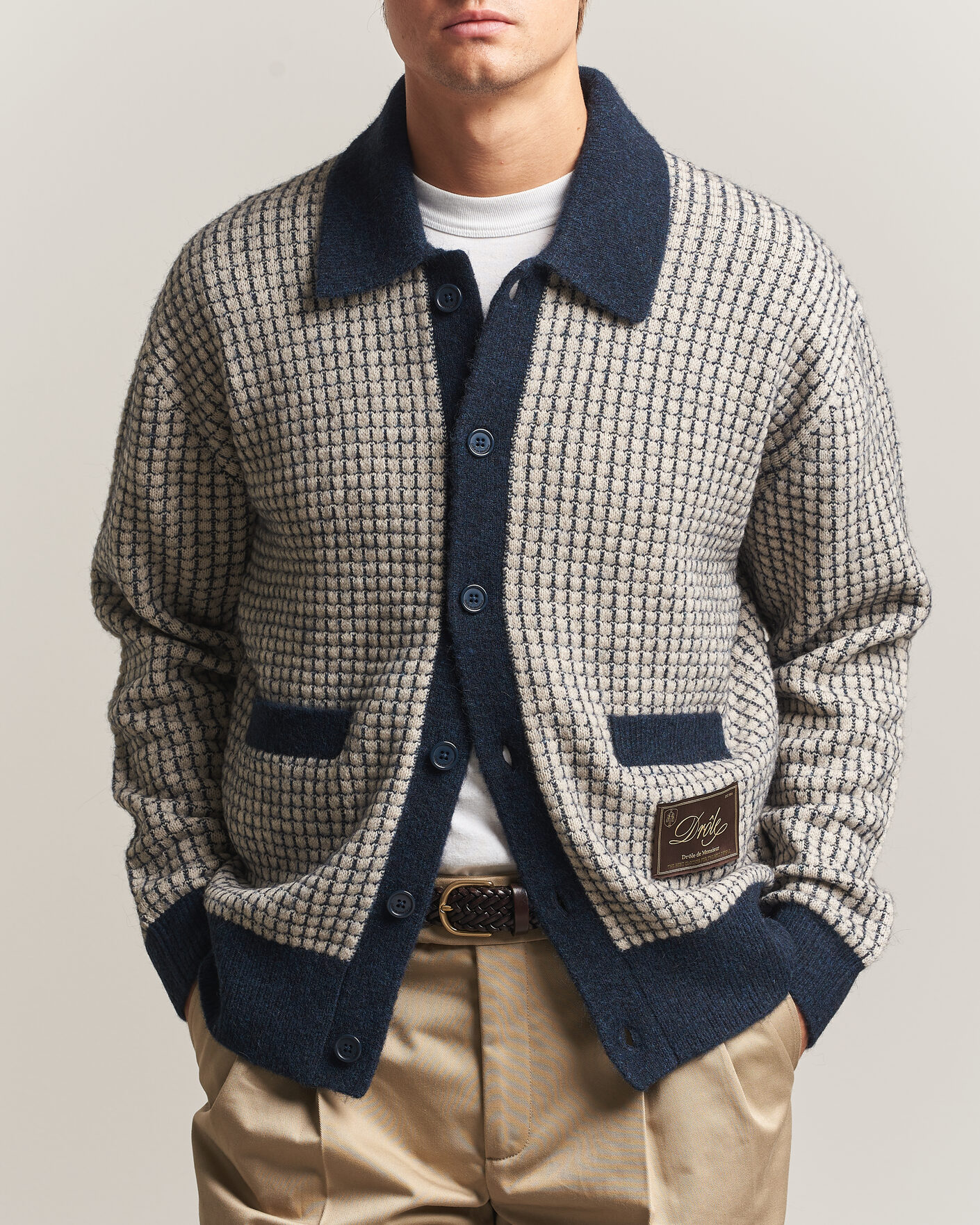 Men | Sweaters & Knitwear | Drôle de Monsieur | Waffle Knitted Cardigan Navy