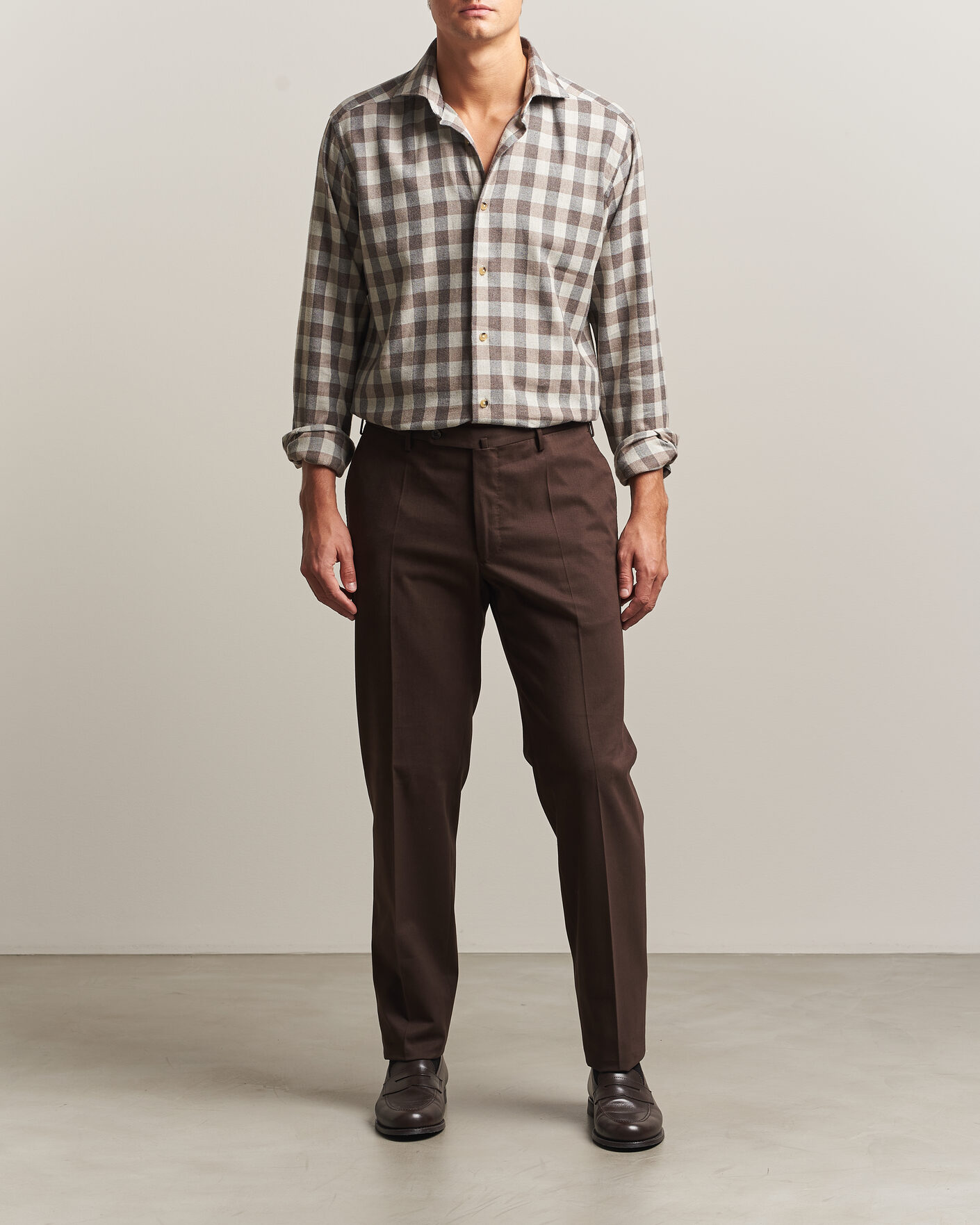 Men | Shirts | Eton | Casual Fit Checked Flannel Shirt Beige