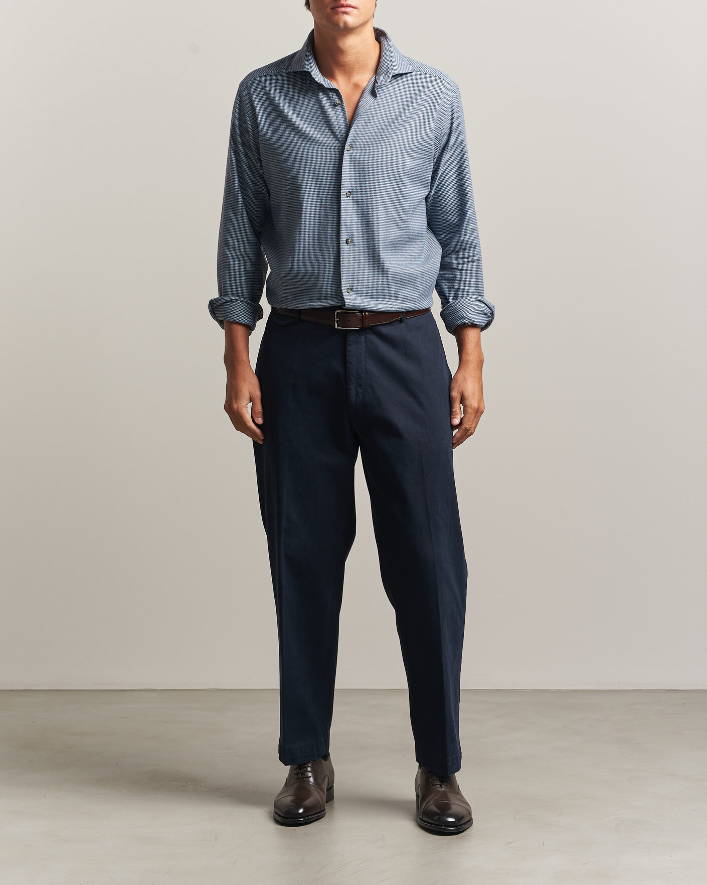Men | Shirts | Eton | Casual Fit Houndstooth Flannel Shirt Mid Blue