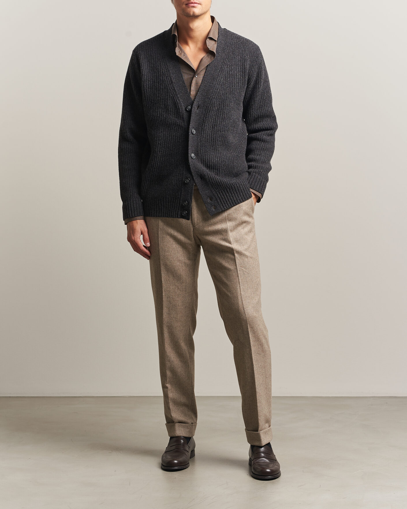 Men | Sweaters & Knitwear | Eton | Merino Wool Rib Cardigan Dark Grey