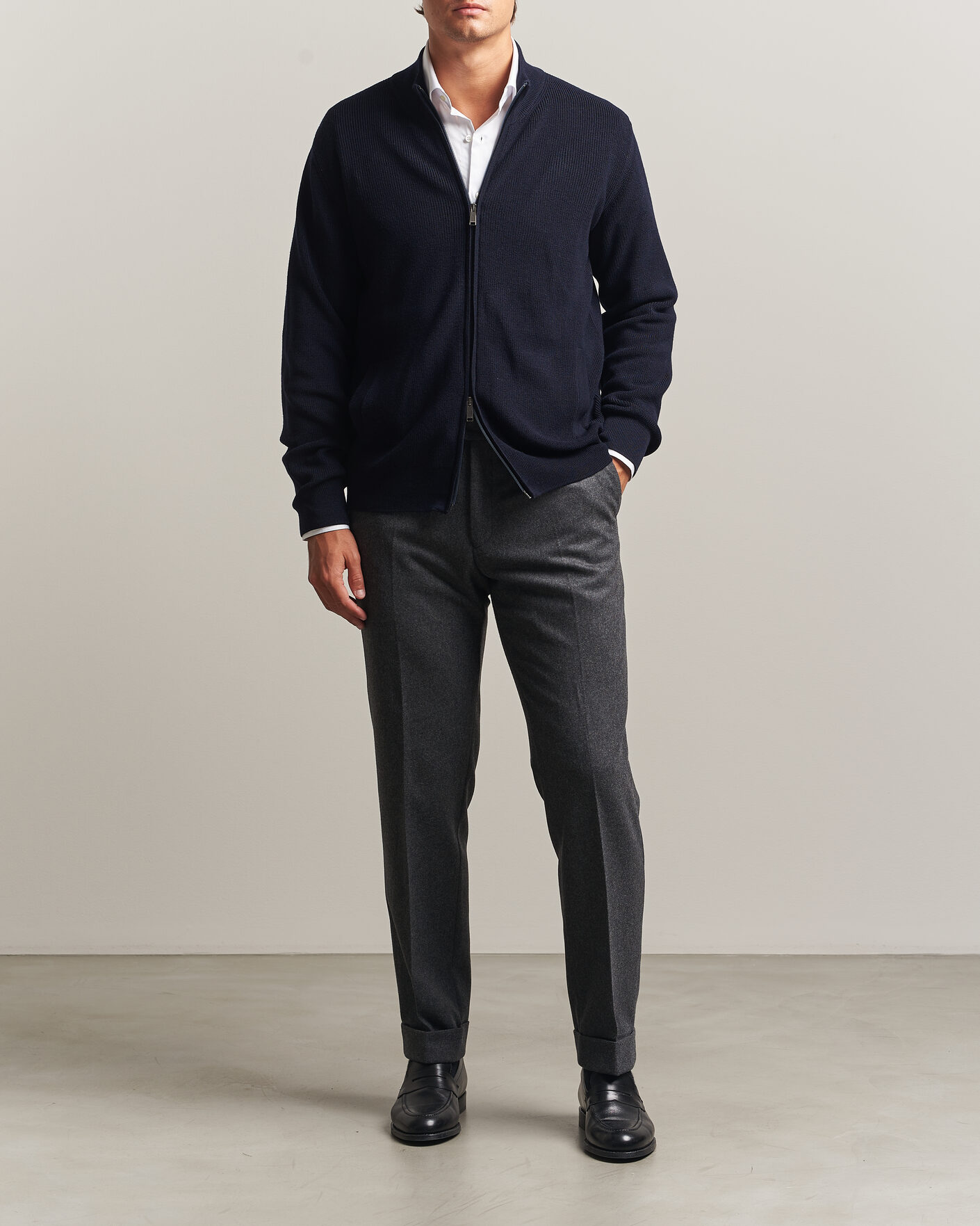 Men | Sweaters & Knitwear | Eton | Merino Wool Knitted Full Zip Navy Blue