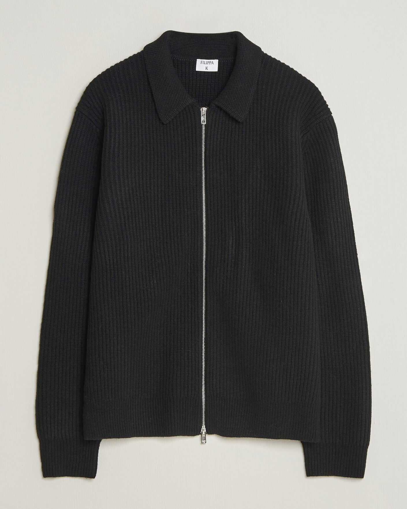 Men | Sweaters & Knitwear | Filippa K | Ribbed Wool Knitted Full Zip Black