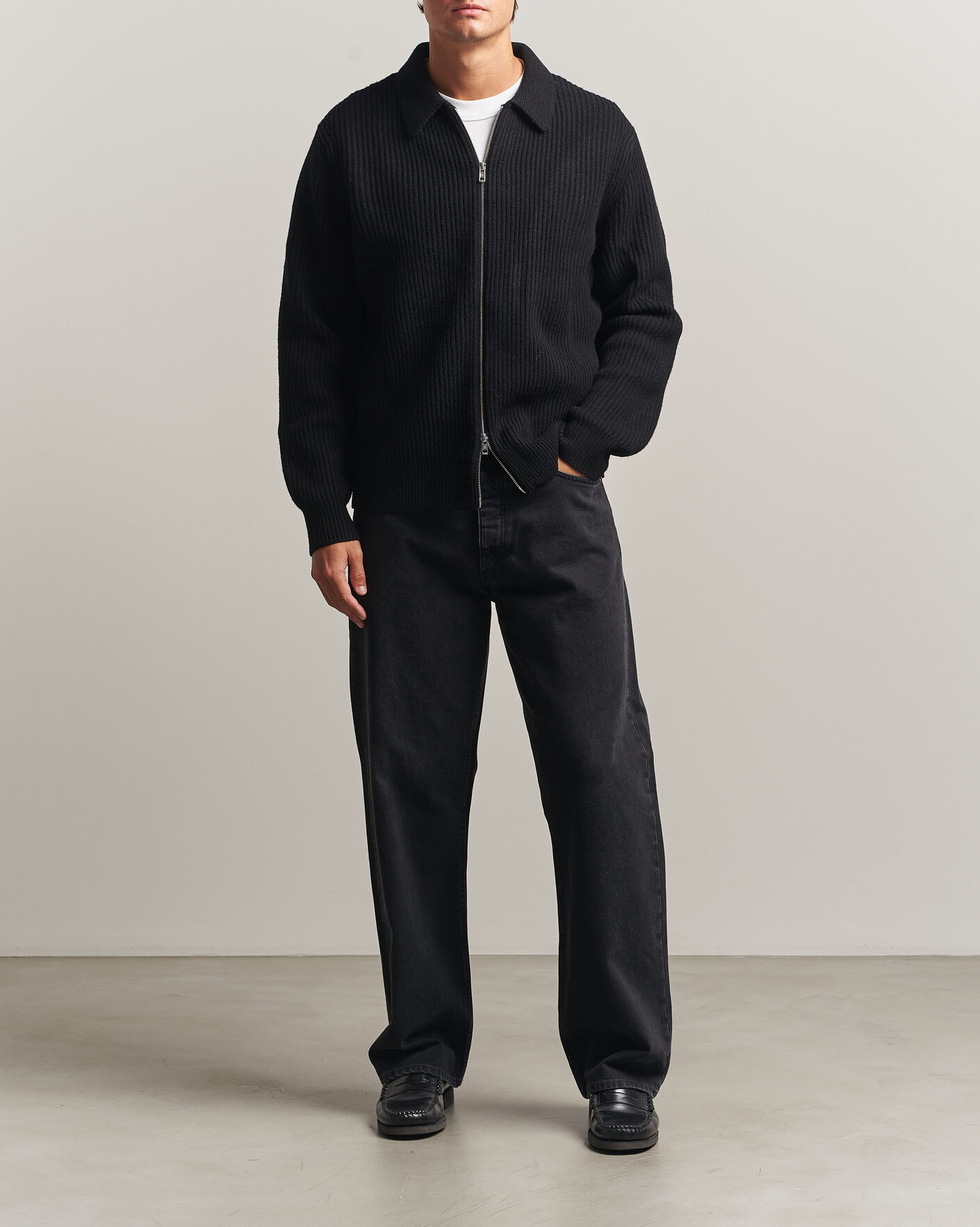 Men | Sweaters & Knitwear | Filippa K | Ribbed Wool Knitted Full Zip Black
