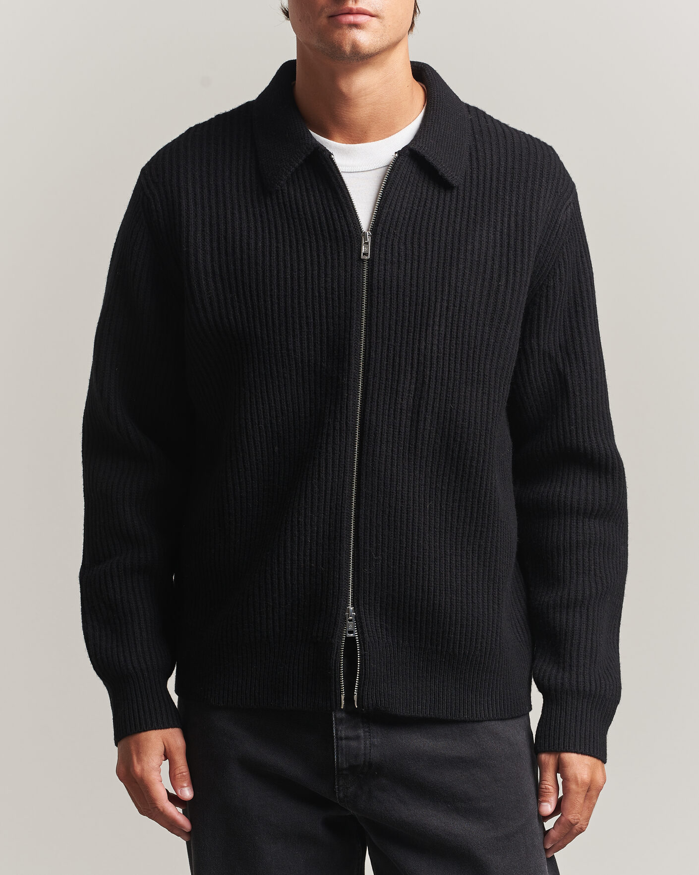 Men | Sweaters & Knitwear | Filippa K | Ribbed Wool Knitted Full Zip Black