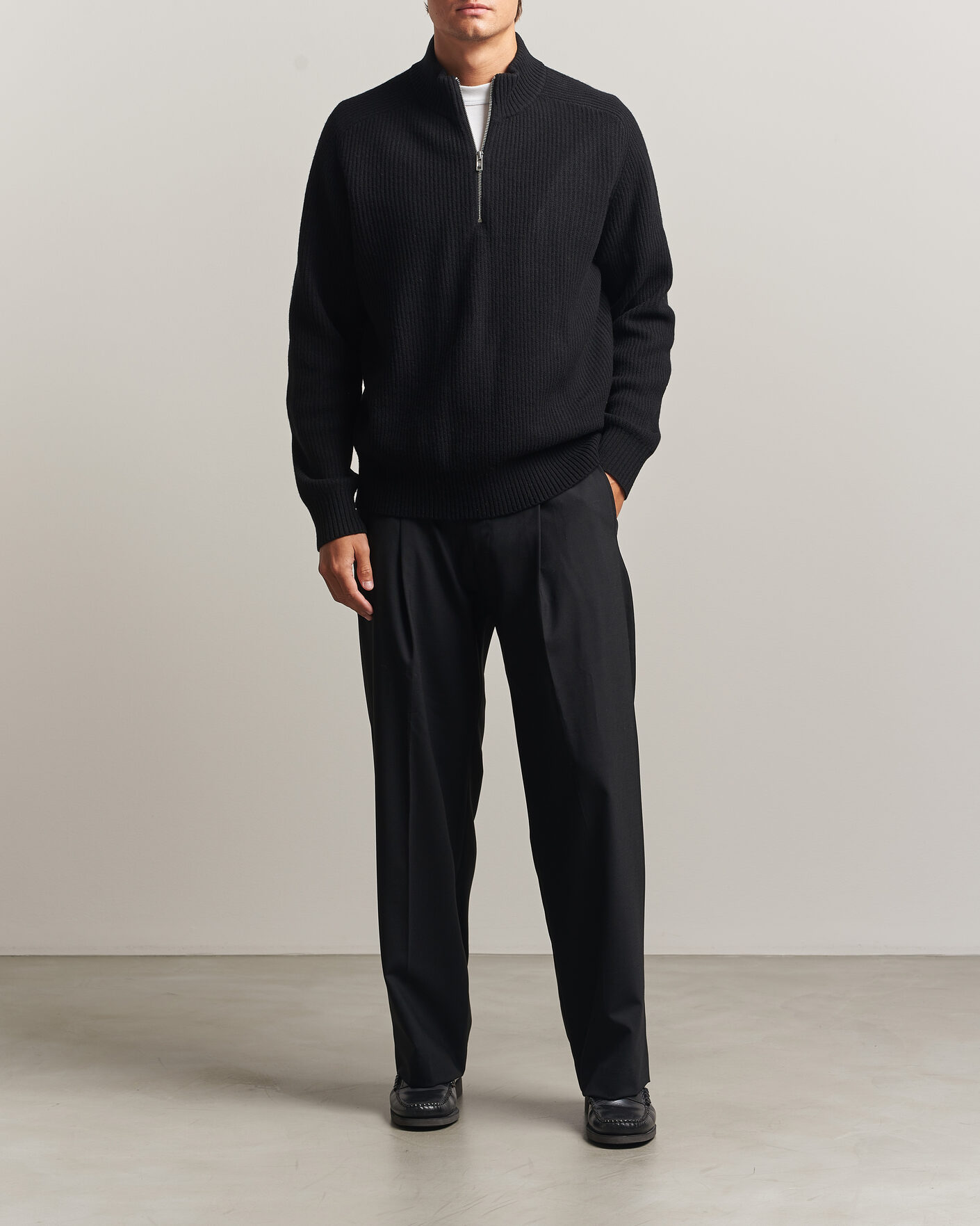 Men | Sweaters & Knitwear | Filippa K | Ribbed Wool Knitted Half Zip Black
