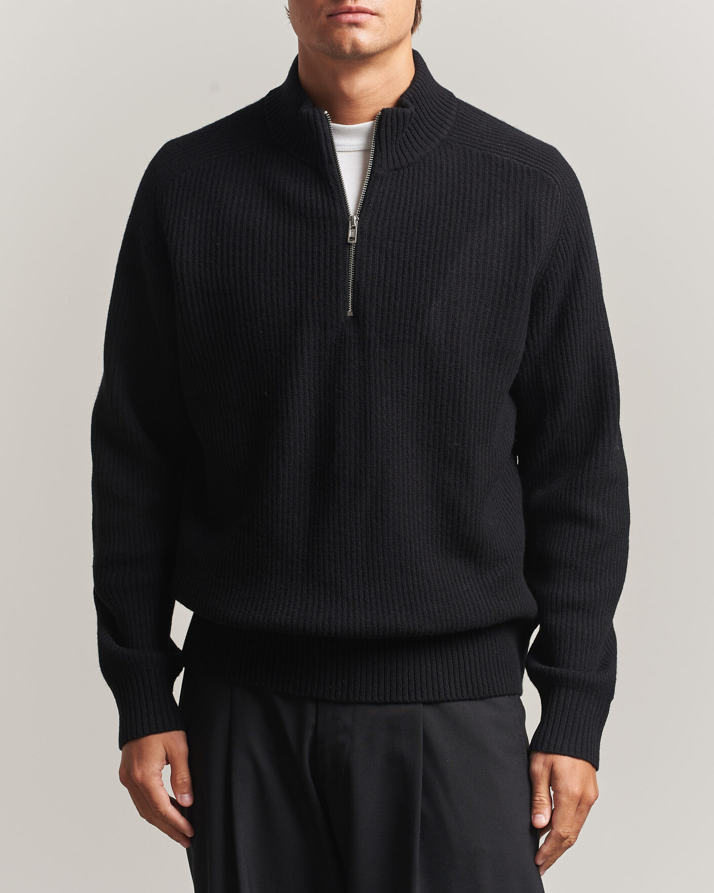 Men | Sweaters & Knitwear | Filippa K | Ribbed Wool Knitted Half Zip Black