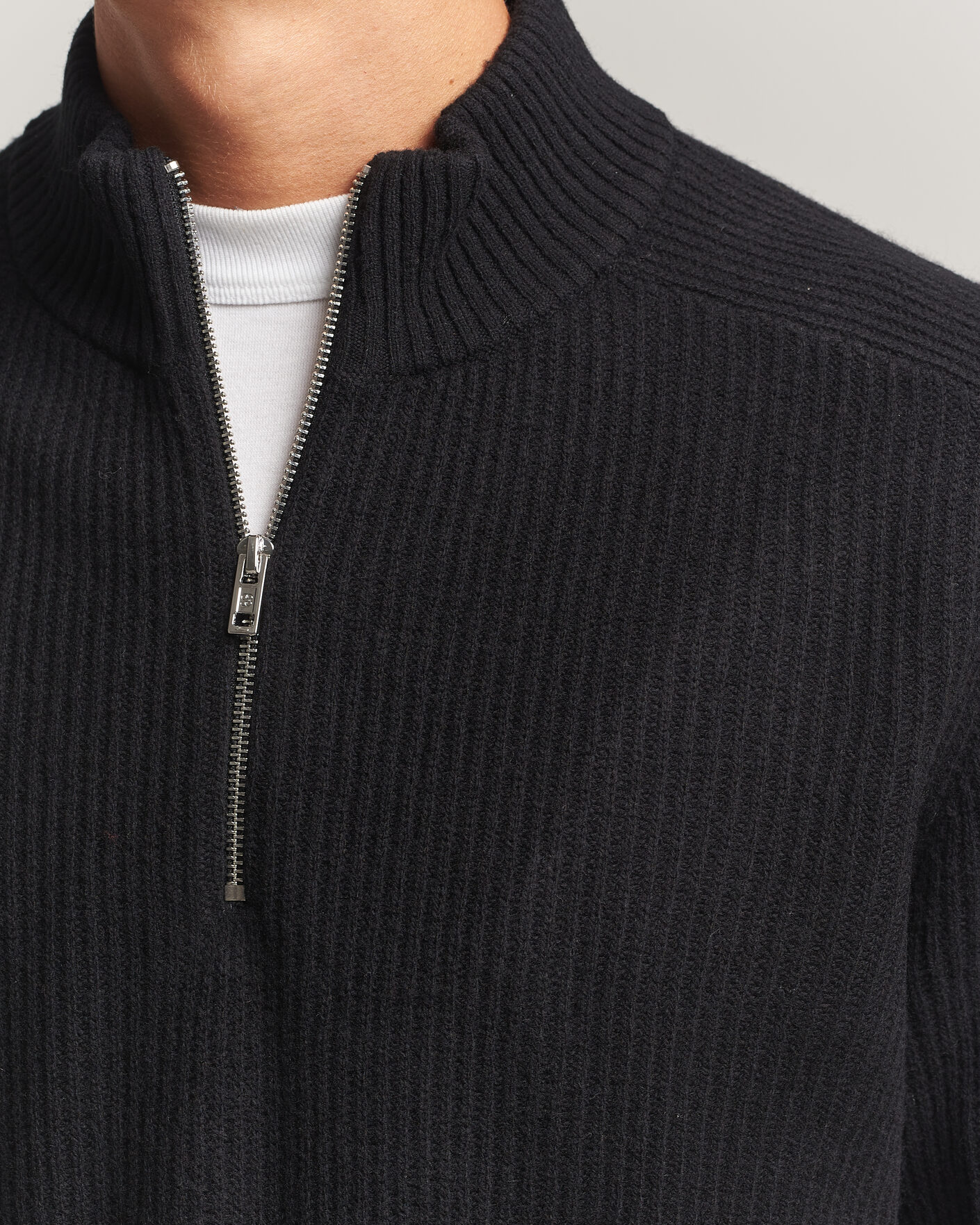 Men | Sweaters & Knitwear | Filippa K | Ribbed Wool Knitted Half Zip Black