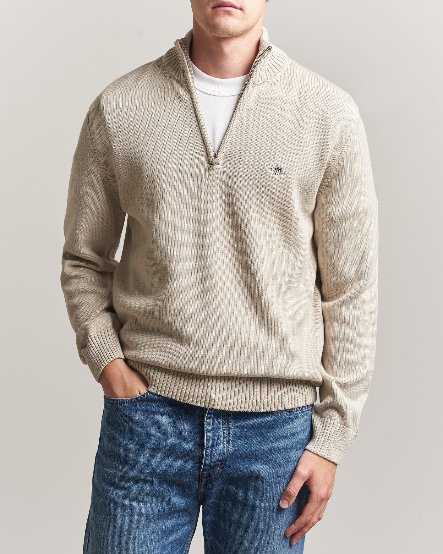 Men | Sweaters & Knitwear | Gant | Casual Cotton Knitted Half Zip Clay Beige