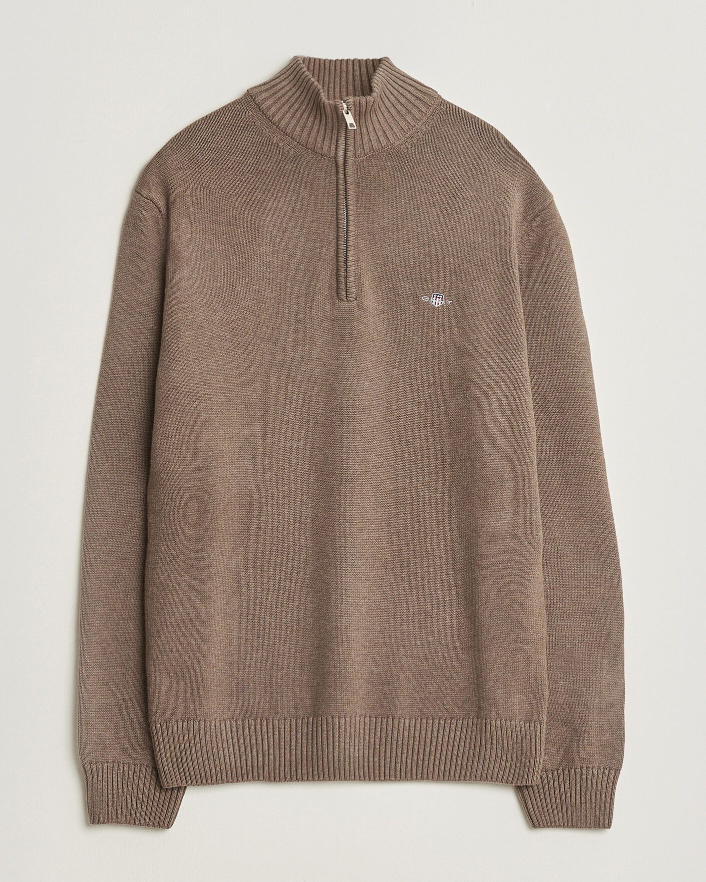 Men | Sweaters & Knitwear | Gant | Casual Cotton Knitted Half Zip Dark Hazelnut Melange