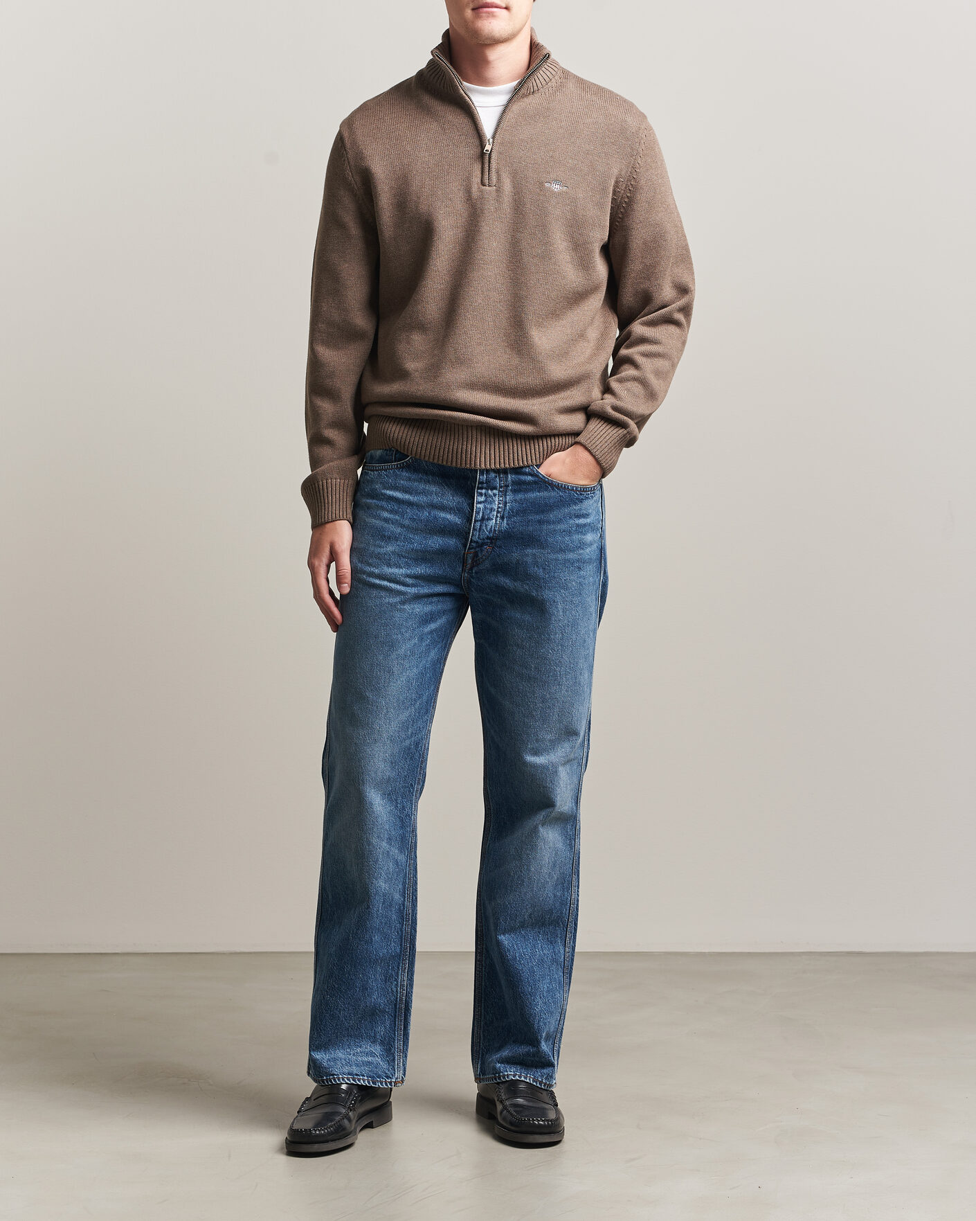 Gant Casual Cotton Knitted Half Zip Dark Hazelnut Melange at